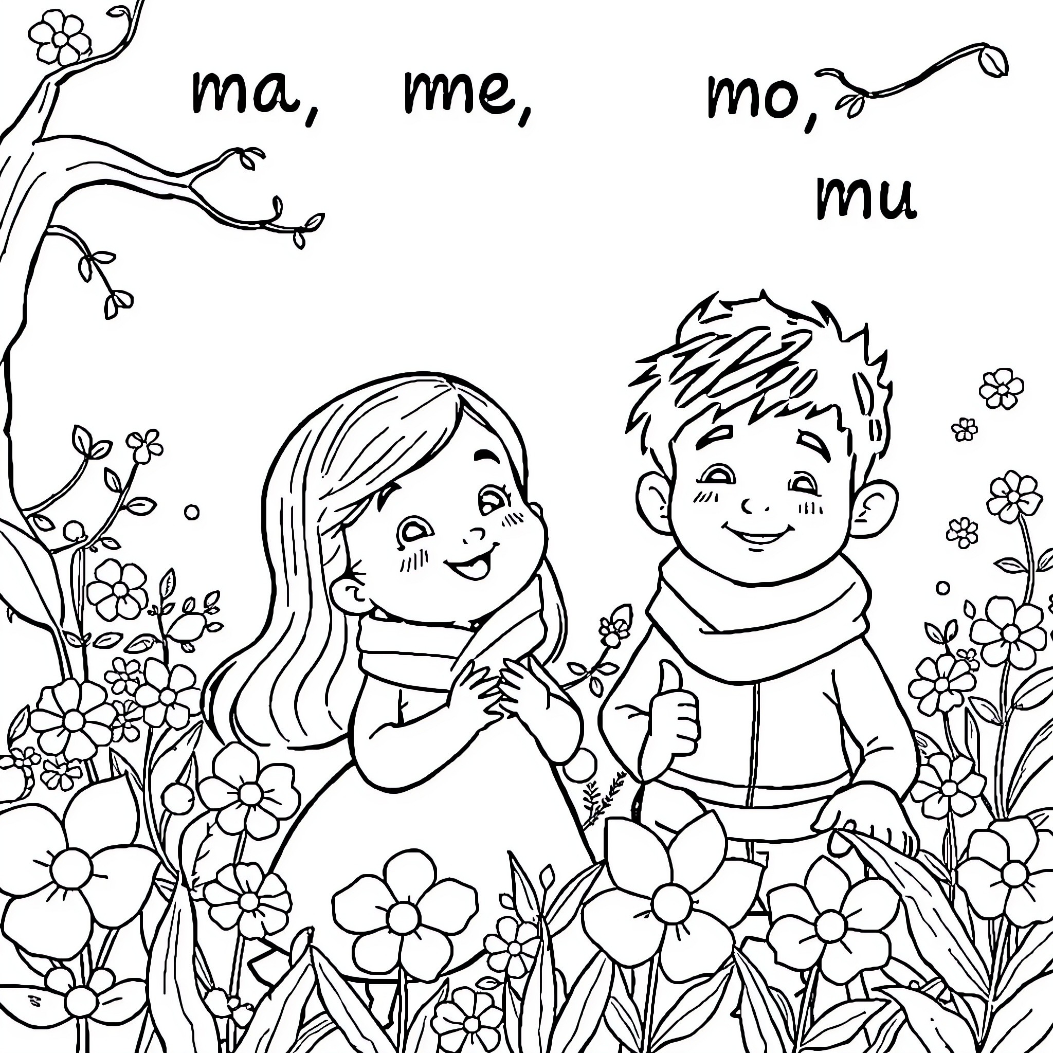 Encanto Characters Enjoying Nature and Flowers Coloring Page (free black-and-white line drawing printable PDF for all, from beginners to advanced learners, including children, teens, adults, and seniors)