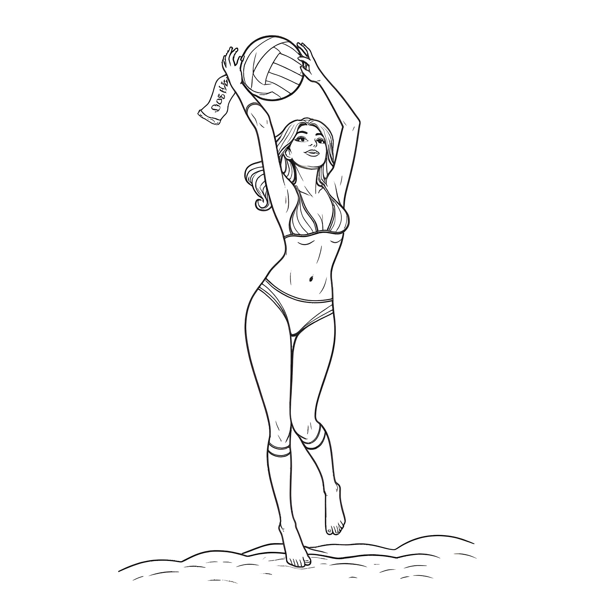 Girl playing volleyball at the beach Coloring Page (free black-and-white line drawing printable PDF for all, from beginners to advanced learners, including children, teens, adults, and seniors)