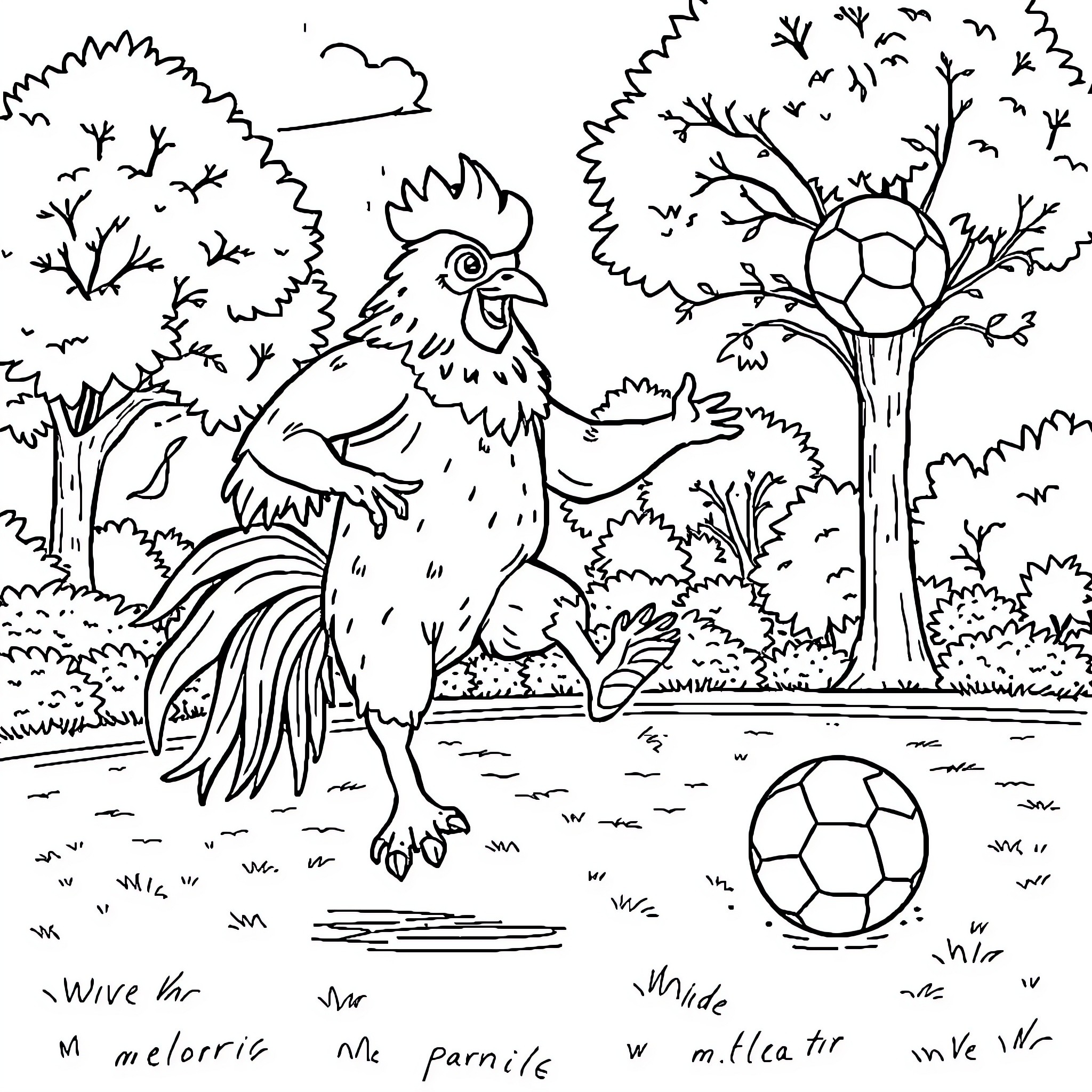 Huron Rooster in Pastoral Landscape Coloring Page (free black-and-white line drawing printable PDF for all, from beginners to advanced learners, including children, teens, adults, and seniors)