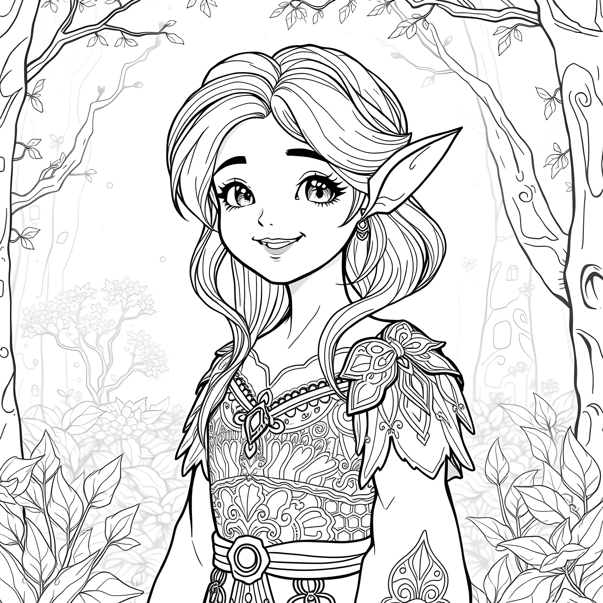 Girl in enchanted forest with floral dress Coloring Page (free black-and-white line drawing printable PDF for all, from beginners to advanced learners, including children, teens, adults, and seniors)