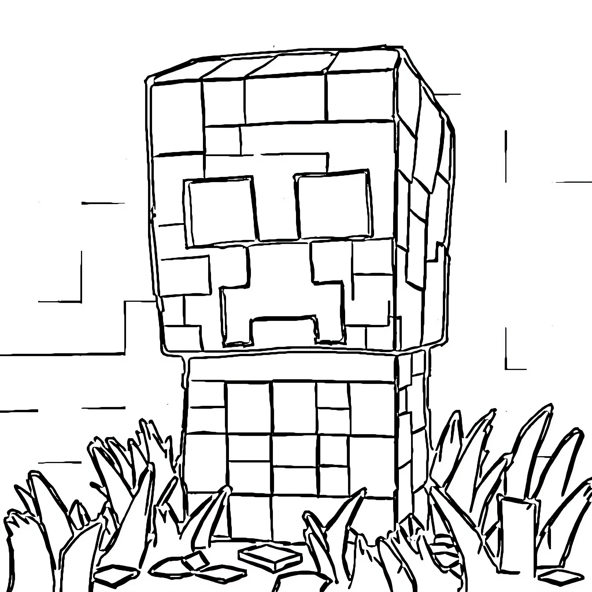 Creeper lurking in the Minecraft landscape Coloring Page (free black-and-white line drawing printable PDF for all, from beginners to advanced learners, including children, teens, adults, and seniors)