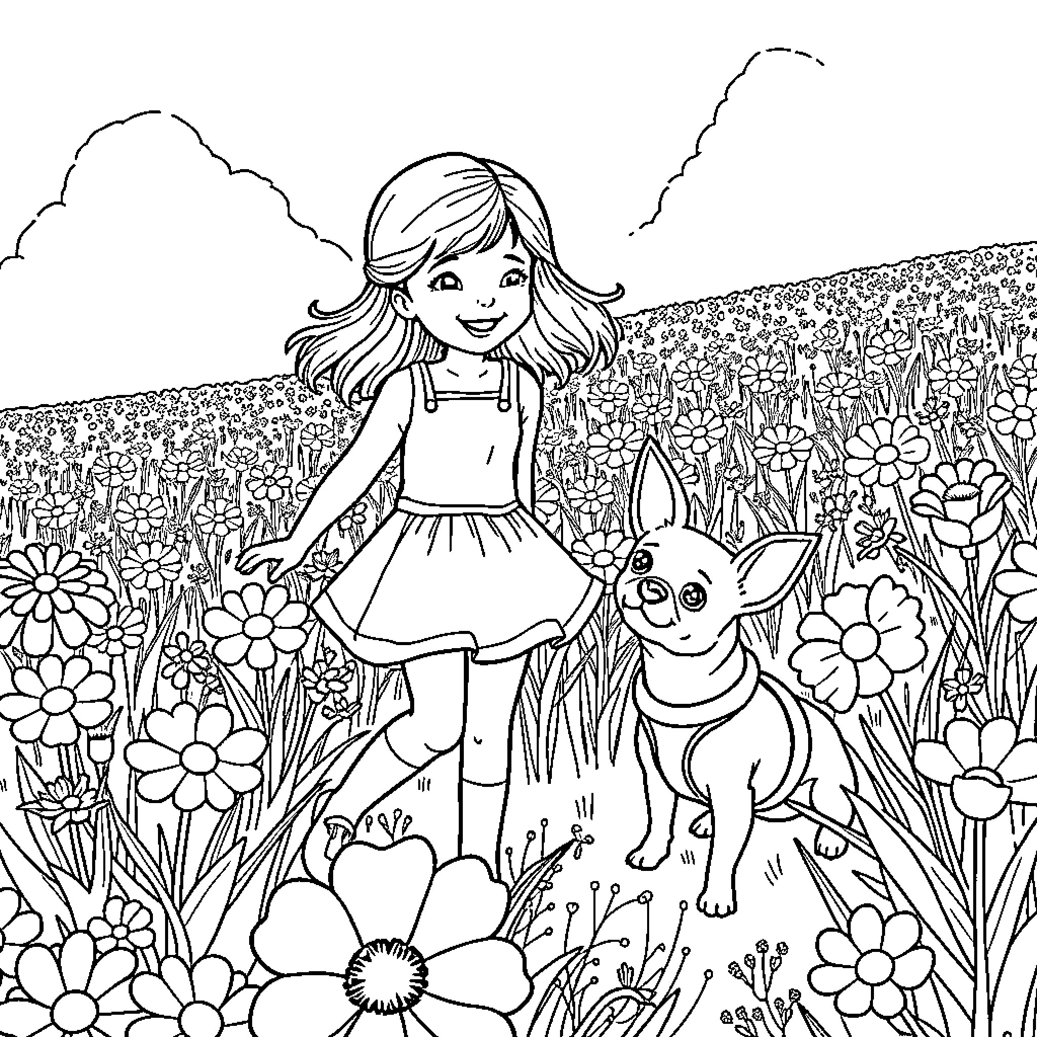 Girl playing joyfully with pet in flower field Coloring Page (free black-and-white line drawing printable PDF for all, from beginners to advanced learners, including children, teens, adults, and seniors)