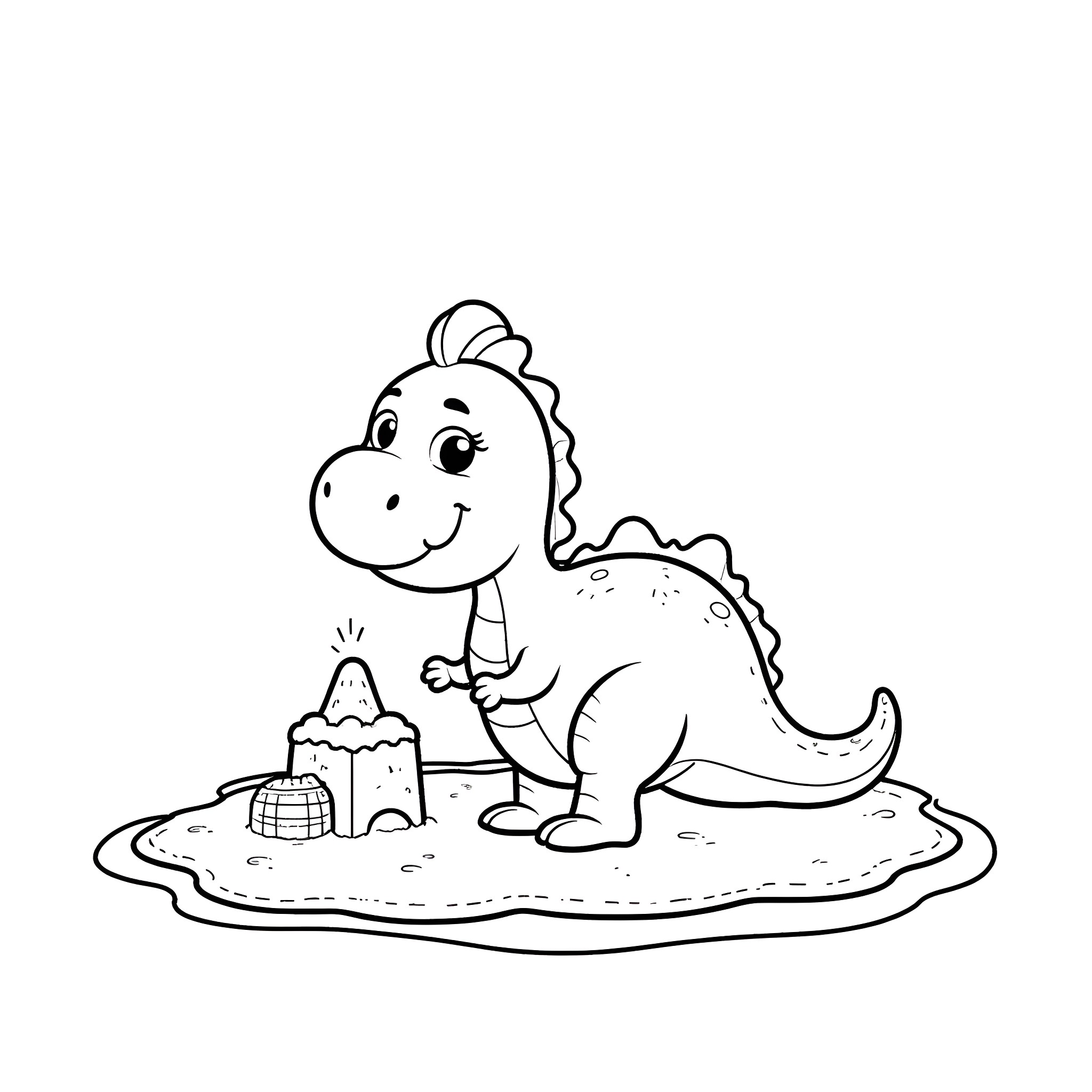 Dinosaur playing with sandcastle on the beach Coloring Page (free black-and-white line drawing printable PDF for all, from beginners to advanced learners, including children, teens, adults, and seniors)