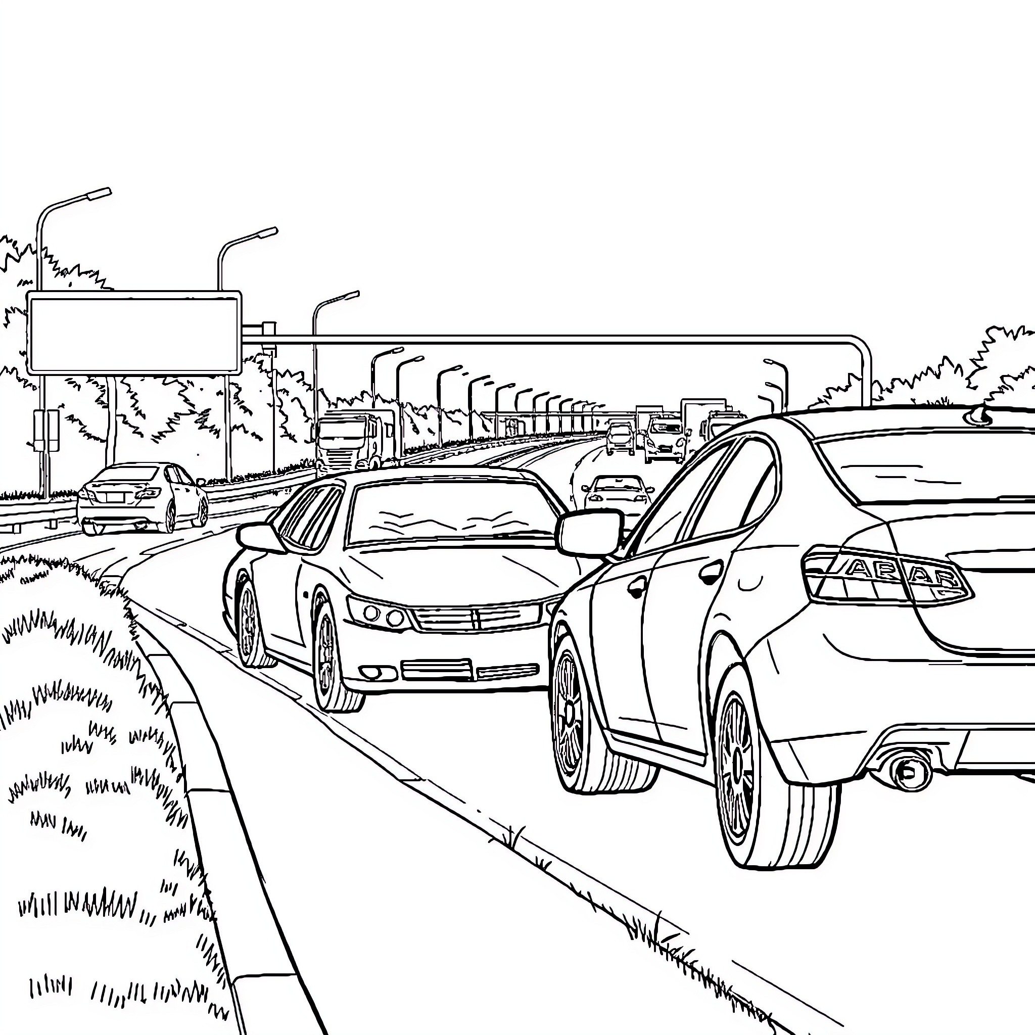 Cars driving on a busy highway Coloring Page (free black-and-white line drawing printable PDF for all, from beginners to advanced learners, including children, teens, adults, and seniors)