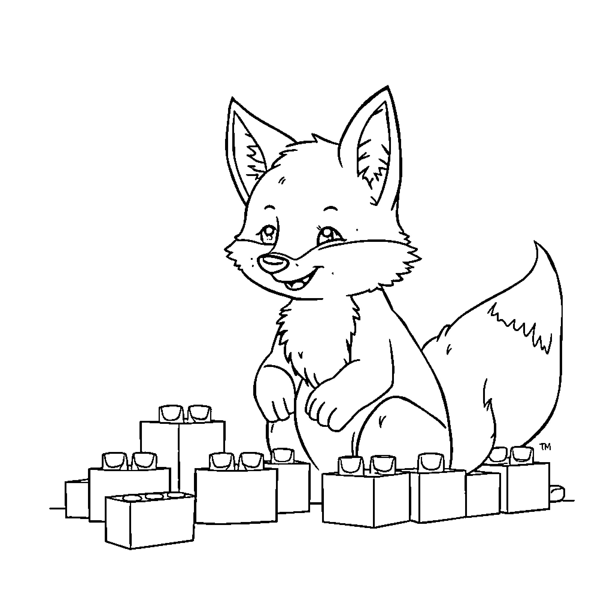 Fox playing with building blocks Coloring Page (free black-and-white line drawing printable PDF for all, from beginners to advanced learners, including children, teens, adults, and seniors)