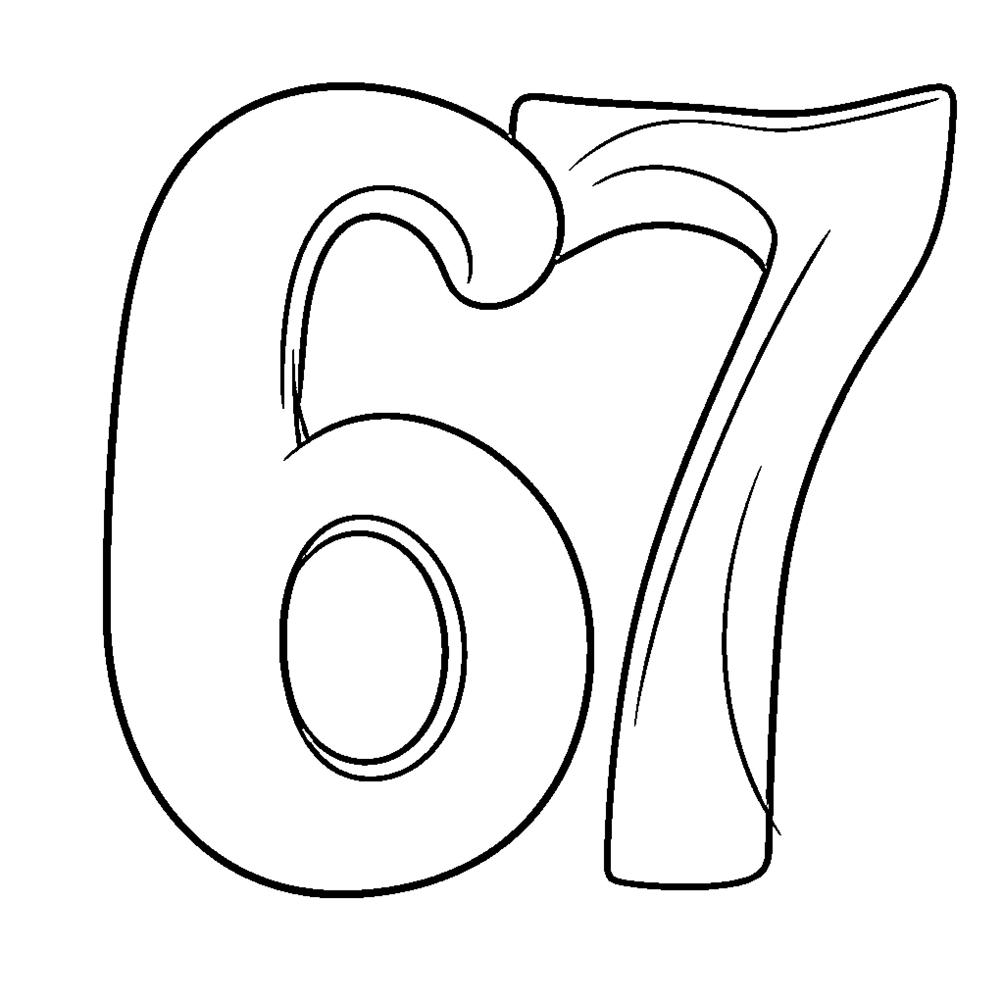 Number 67 Outline on White Background Coloring Page (free black-and-white line drawing printable PDF for all, from beginners to advanced learners, including children, teens, adults, and seniors)