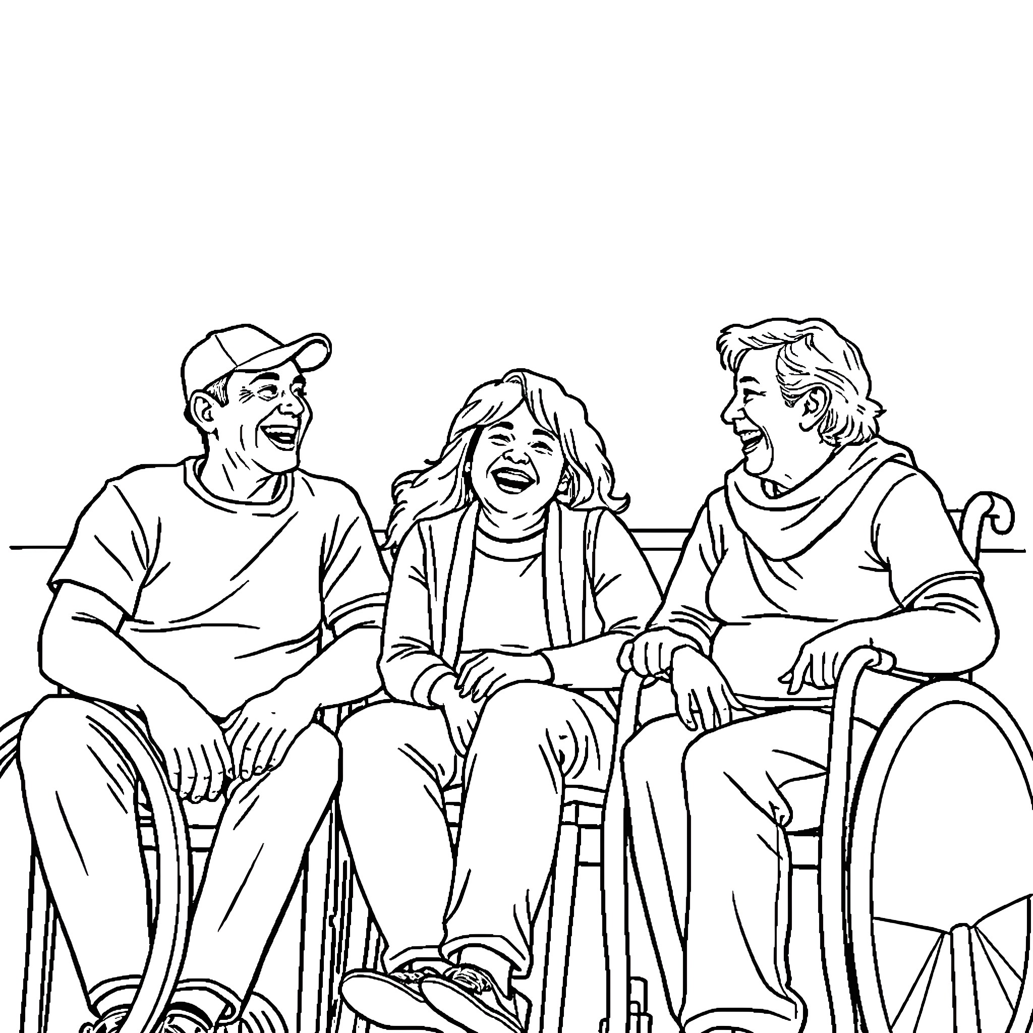 Person smiling and laughing together on bench Coloring Page (free black-and-white line drawing printable PDF for all, from beginners to advanced learners, including children, teens, adults, and seniors)