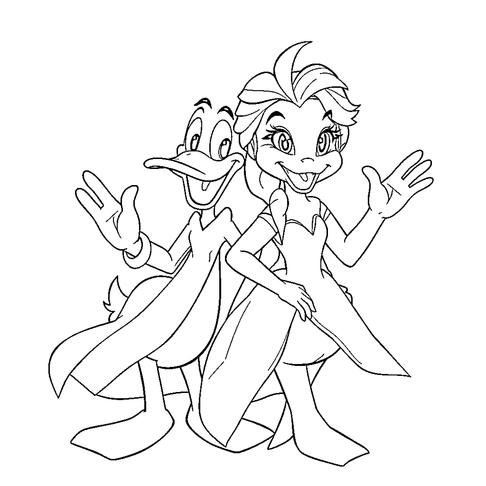 Elsa and Kristoff in Jovial Embrace Coloring Page (free black-and-white line drawing printable PDF for all, from beginners to advanced learners, including children, teens, adults, and seniors)