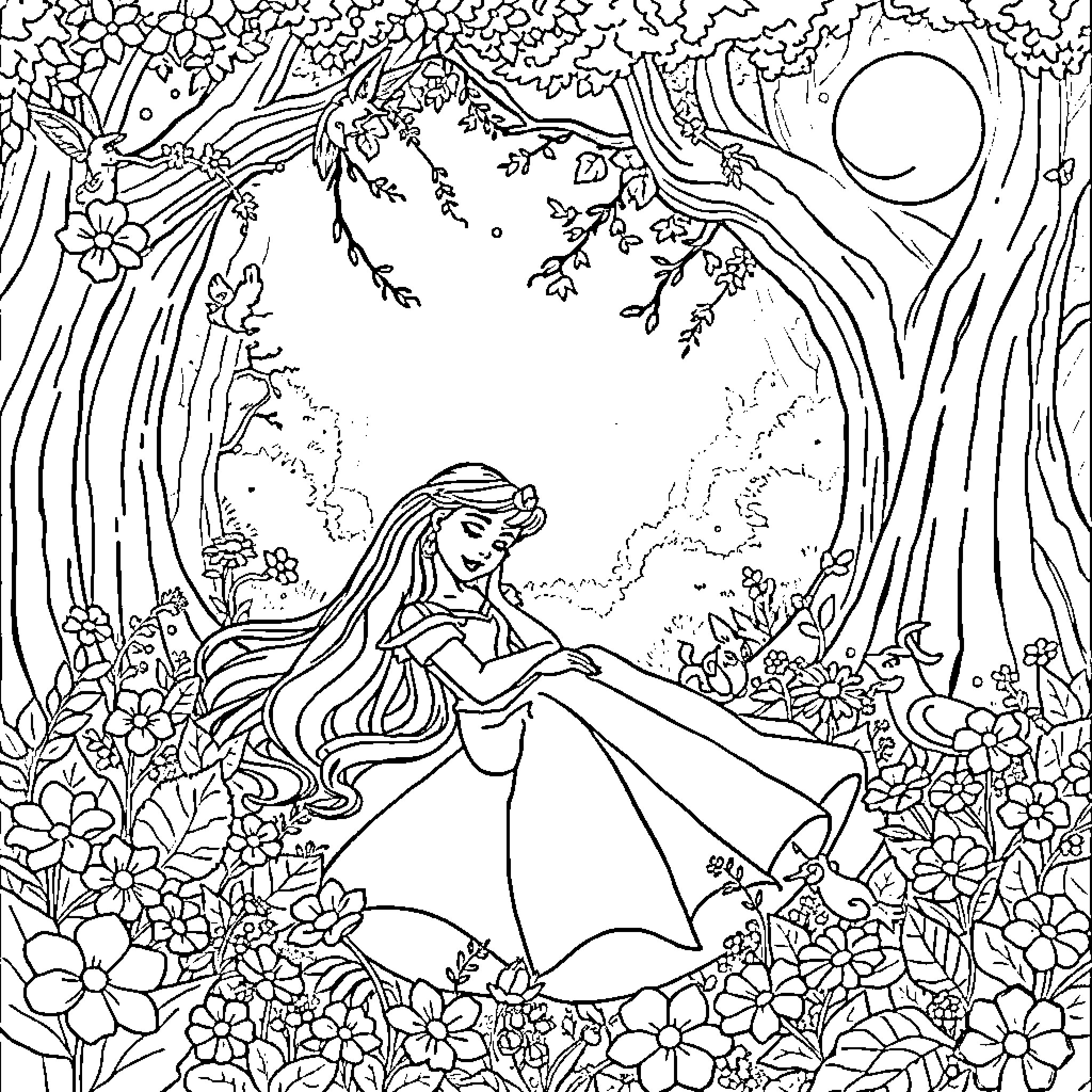 Sleeping Beauty in the Enchanted Forest Coloring Page (free black-and-white line drawing printable PDF for all, from beginners to advanced learners, including children, teens, adults, and seniors)