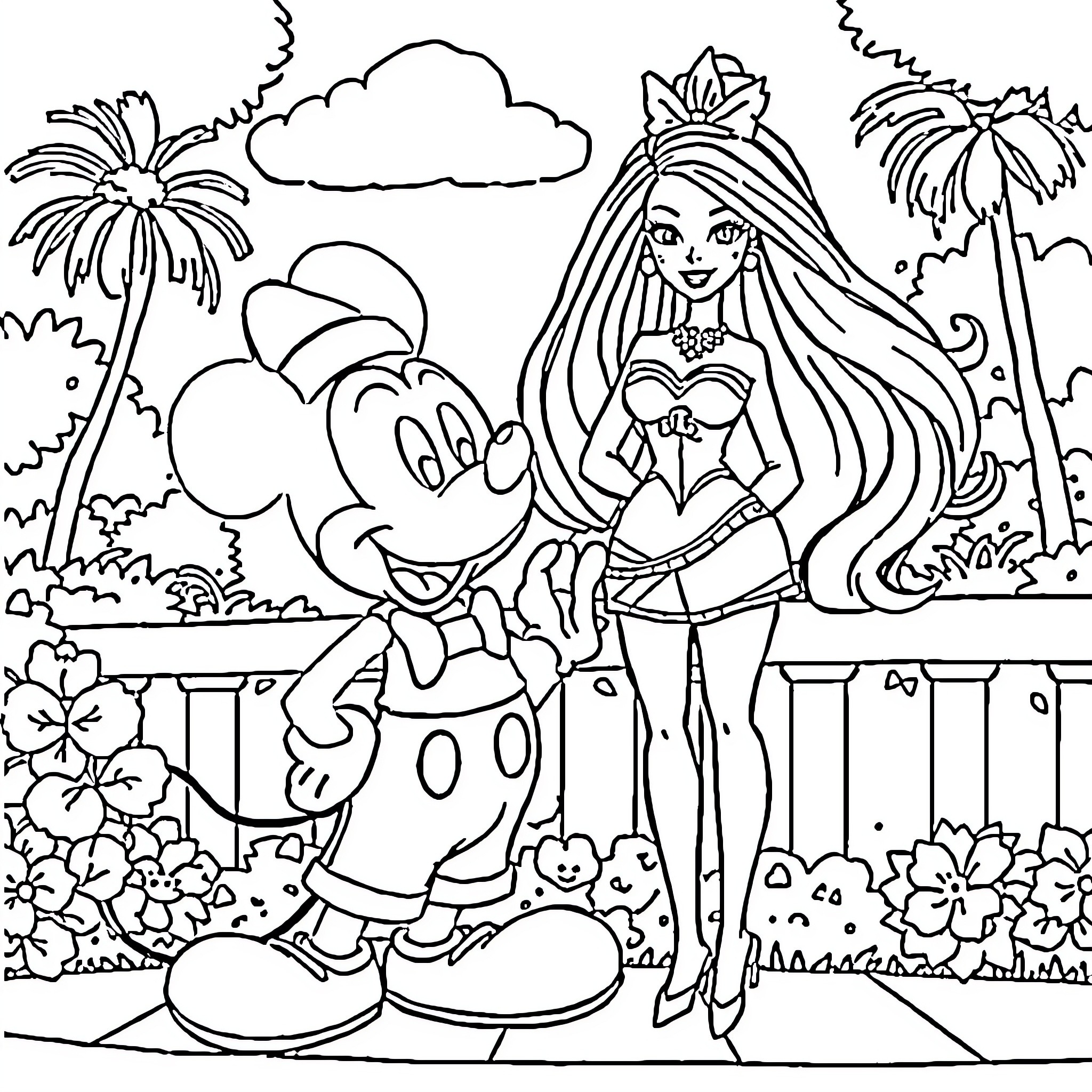 Mickey and female character in tropical paradise Coloring Page (free black-and-white line drawing printable PDF for all, from beginners to advanced learners, including children, teens, adults, and seniors)