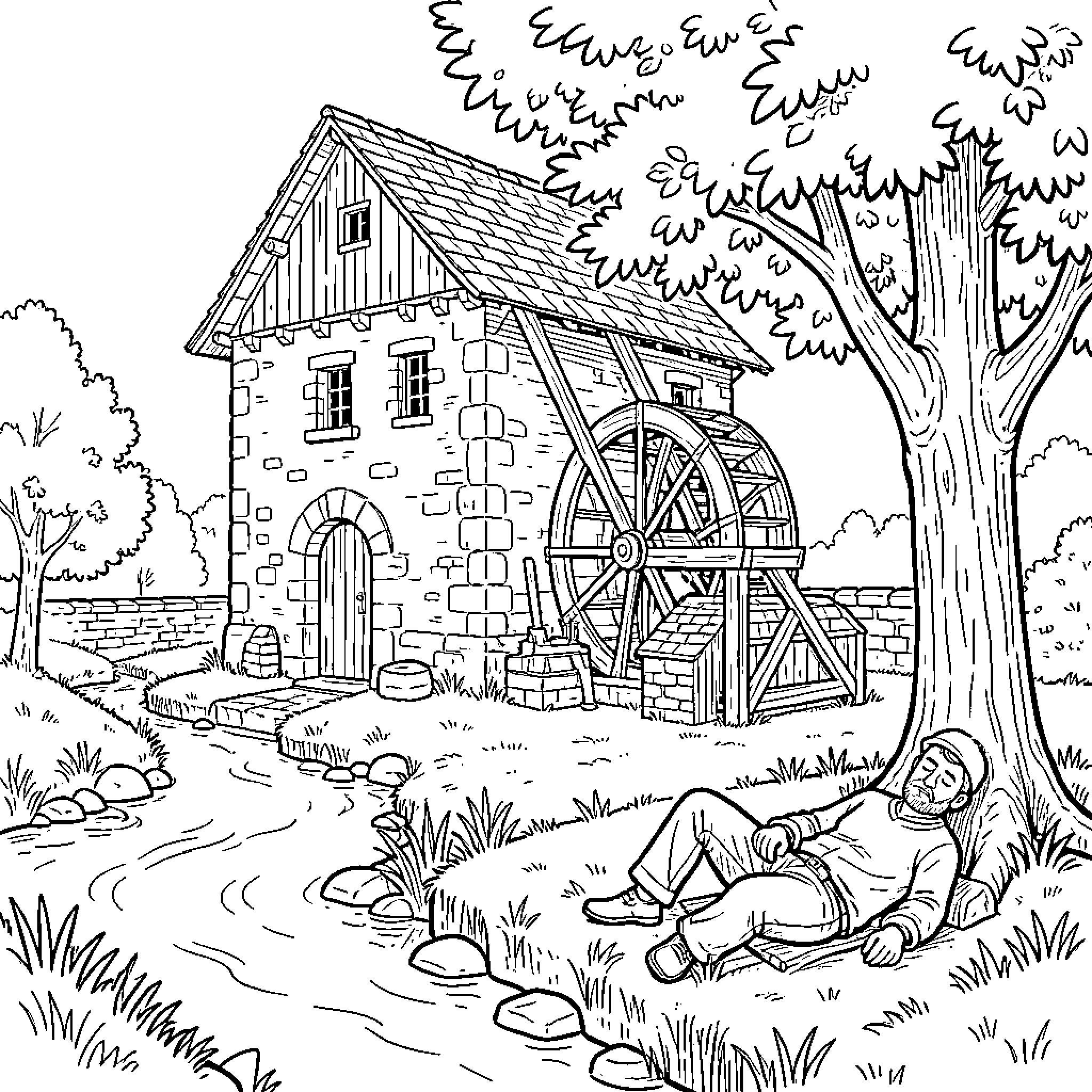 Moulin scene with a man resting under a tree Coloring Page (free black-and-white line drawing printable PDF for all, from beginners to advanced learners, including children, teens, adults, and seniors)