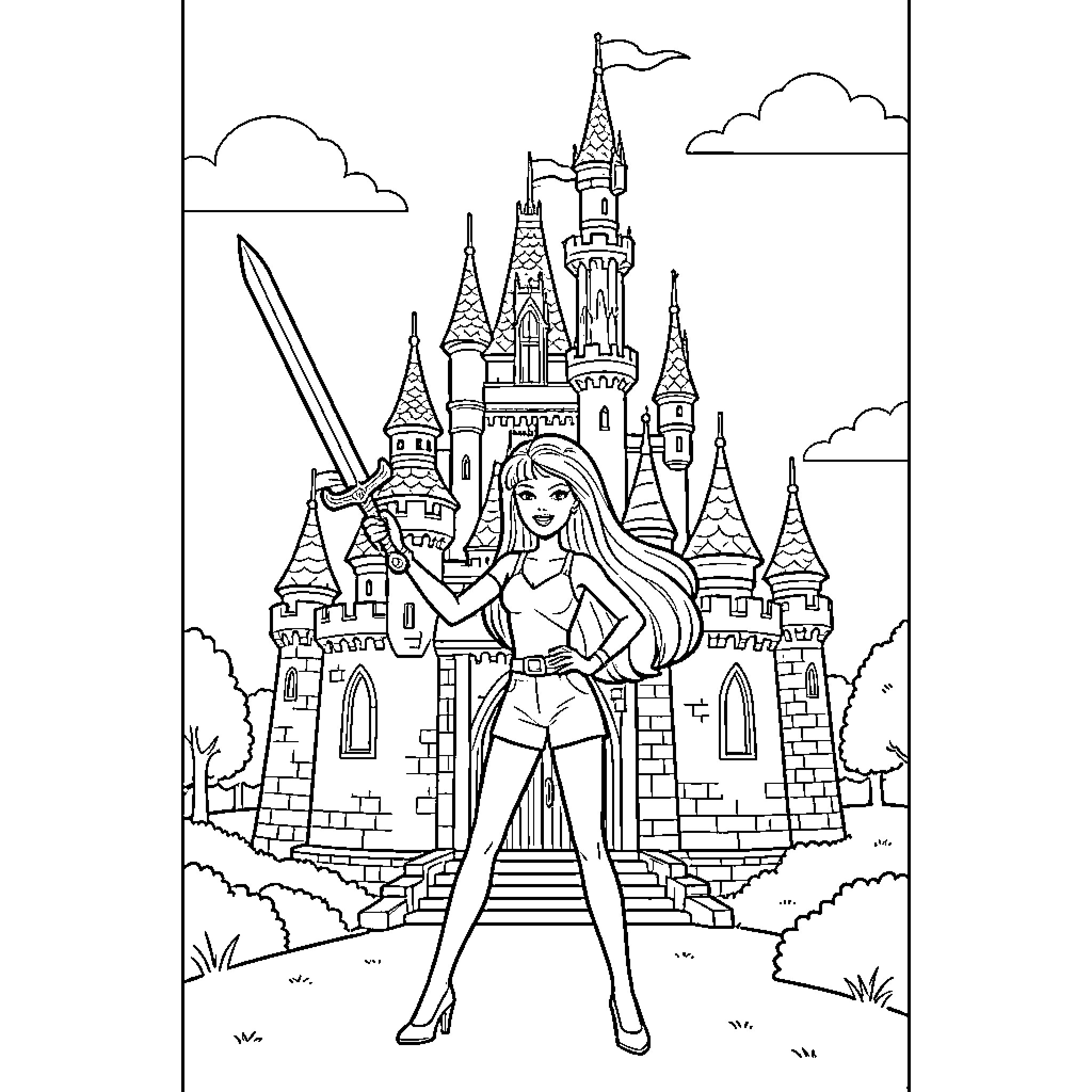 Barbie exploring a fantastical castle Coloring Page (free black-and-white line drawing printable PDF for all, from beginners to advanced learners, including children, teens, adults, and seniors)