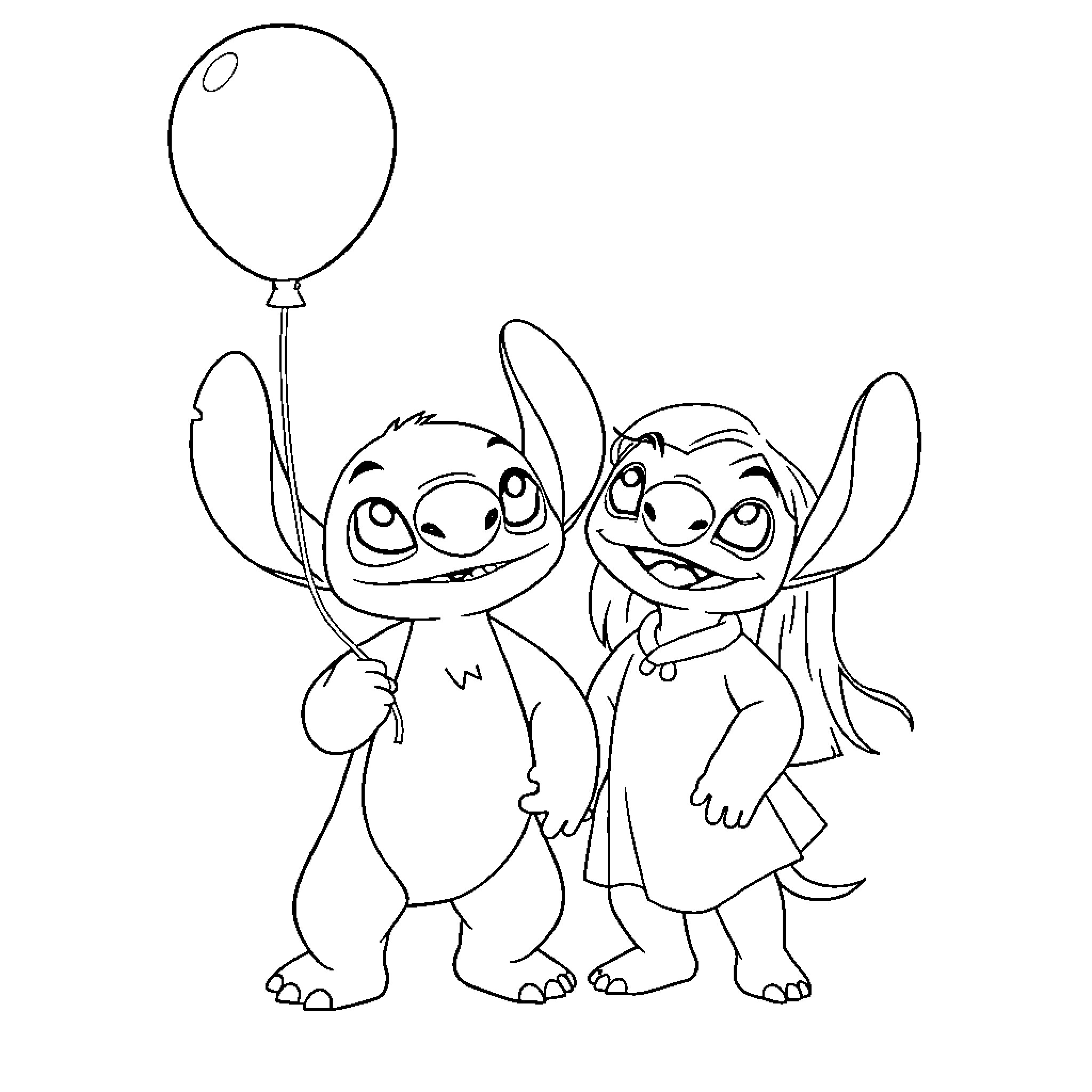 Lilo and Stitch playing with a balloon Coloring Page (free black-and-white line drawing printable PDF for all, from beginners to advanced learners, including children, teens, adults, and seniors)