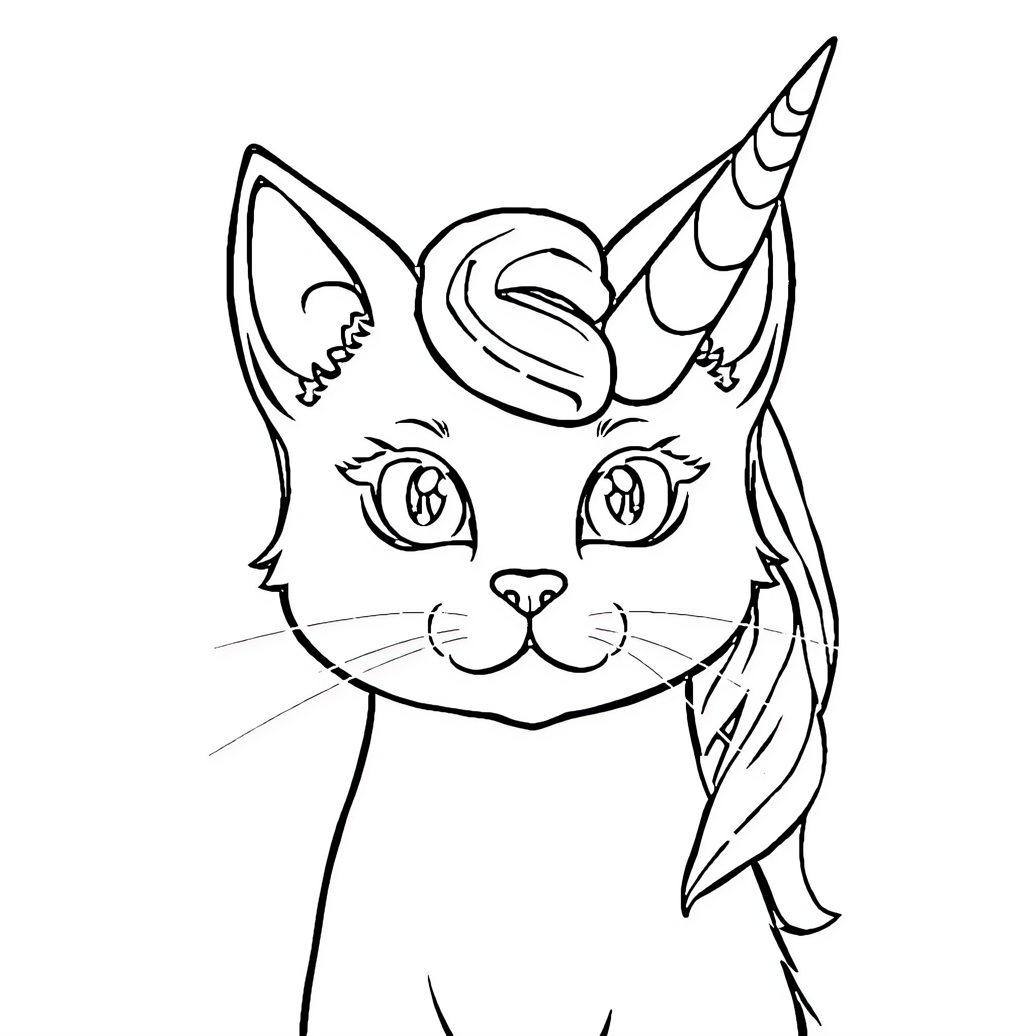 Unicorn Cat with playful expression Coloring Page (free black-and-white line drawing printable PDF for all, from beginners to advanced learners, including children, teens, adults, and seniors)
