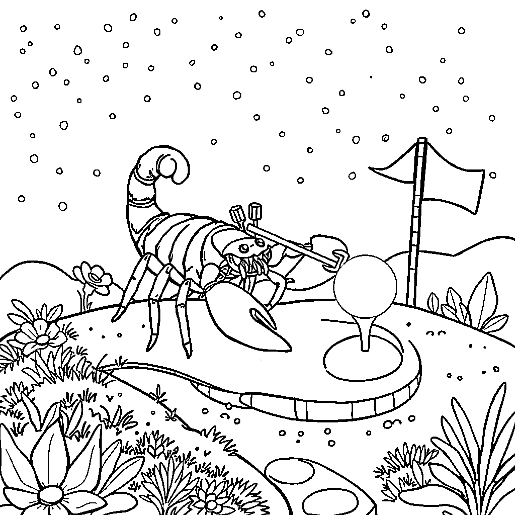 Scorpion's Underwater Adventure Coloring Page (free black-and-white line drawing printable PDF for all, from beginners to advanced learners, including children, teens, adults, and seniors)