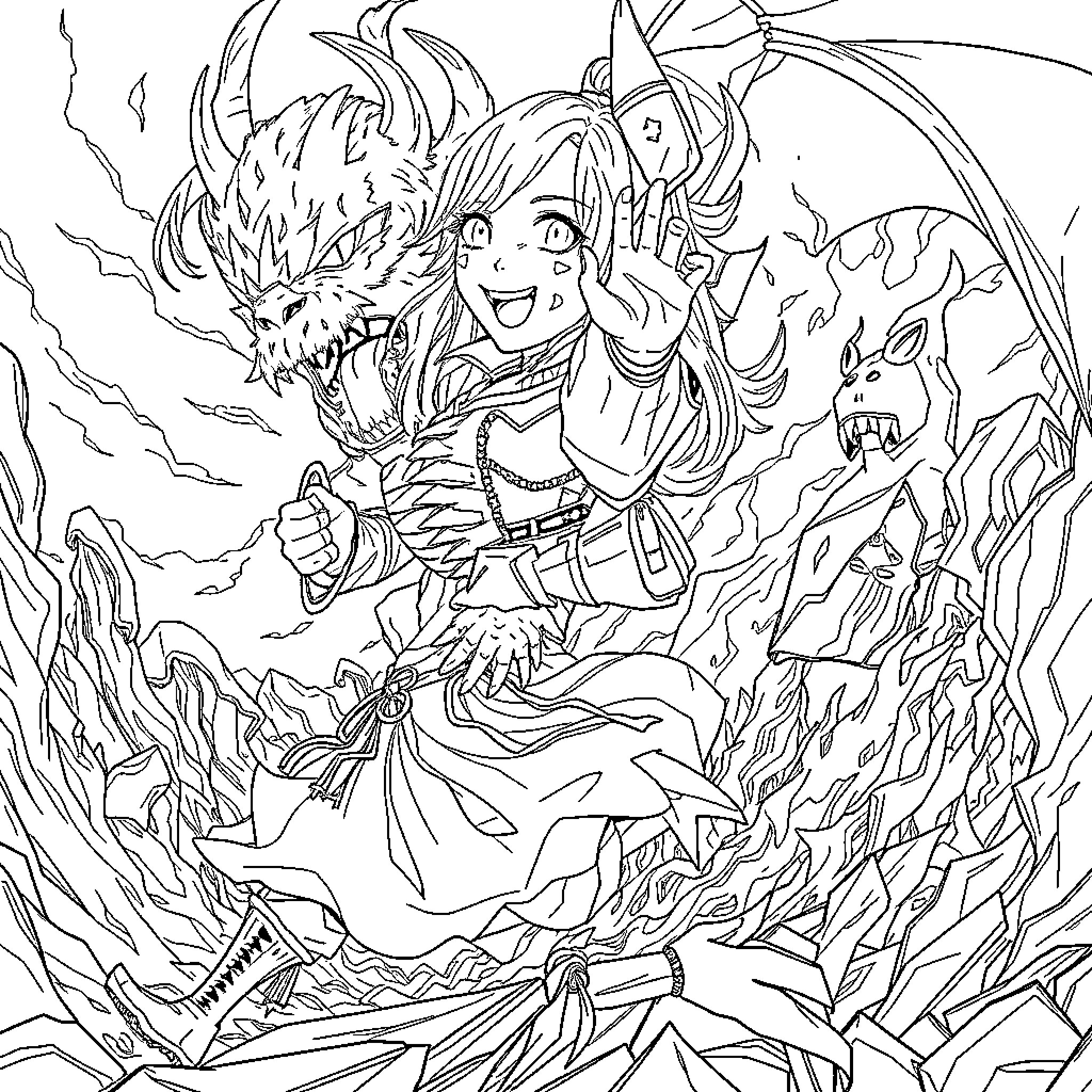 Rumi's Fearless Adventure with Mythical Creatures Coloring Page (free black-and-white line drawing printable PDF for all, from beginners to advanced learners, including children, teens, adults, and seniors)