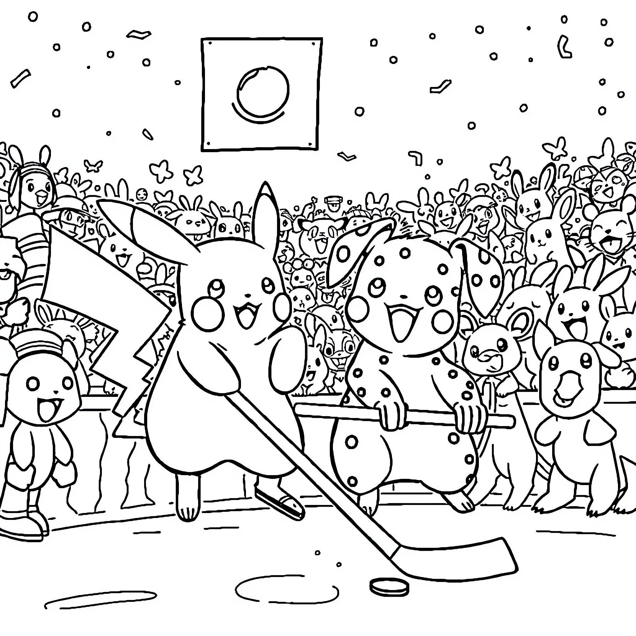 Pikachu and friends playing hockey in a winter wonderland Coloring Page (free black-and-white line drawing printable PDF for all, from beginners to advanced learners, including children, teens, adults, and seniors)