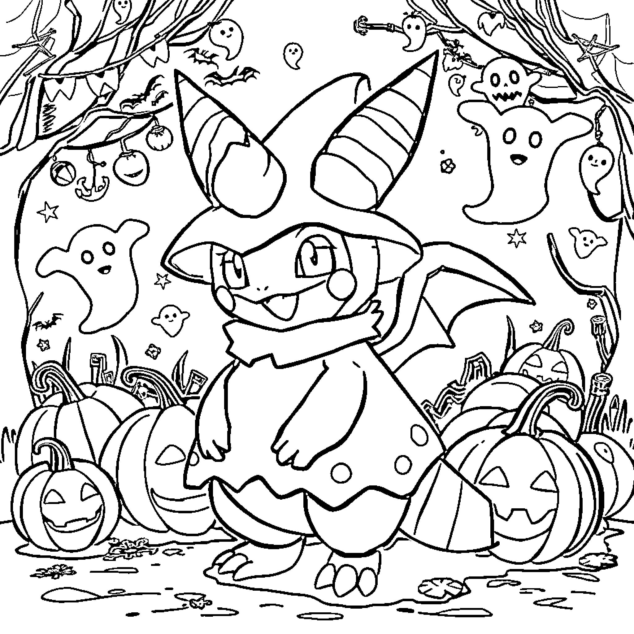 Pokémon characters in a Halloween-themed scene Coloring Page (free black-and-white line drawing printable PDF for all, from beginners to advanced learners, including children, teens, adults, and seniors)