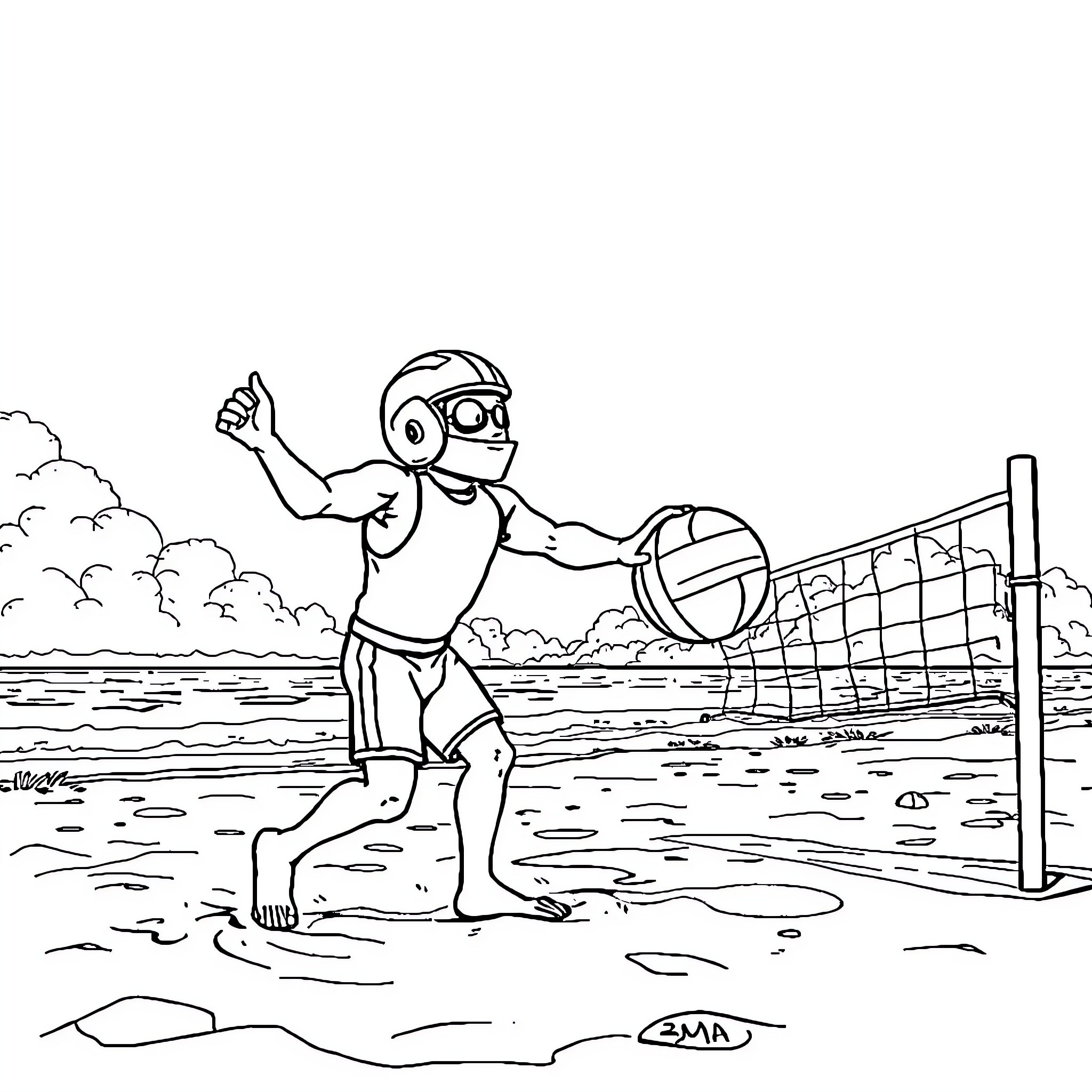 Sub Zero Beach Volleyball Game Coloring Page (free black-and-white line drawing printable PDF for all, from beginners to advanced learners, including children, teens, adults, and seniors)