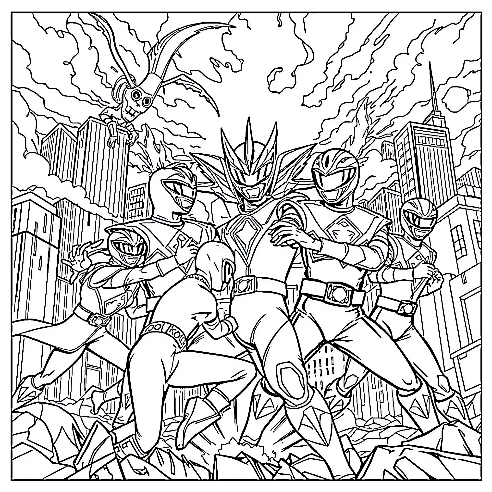 Power Rangers Defending the City from Enemies Coloring Page (free black-and-white line drawing printable PDF for all, from beginners to advanced learners, including children, teens, adults, and seniors)