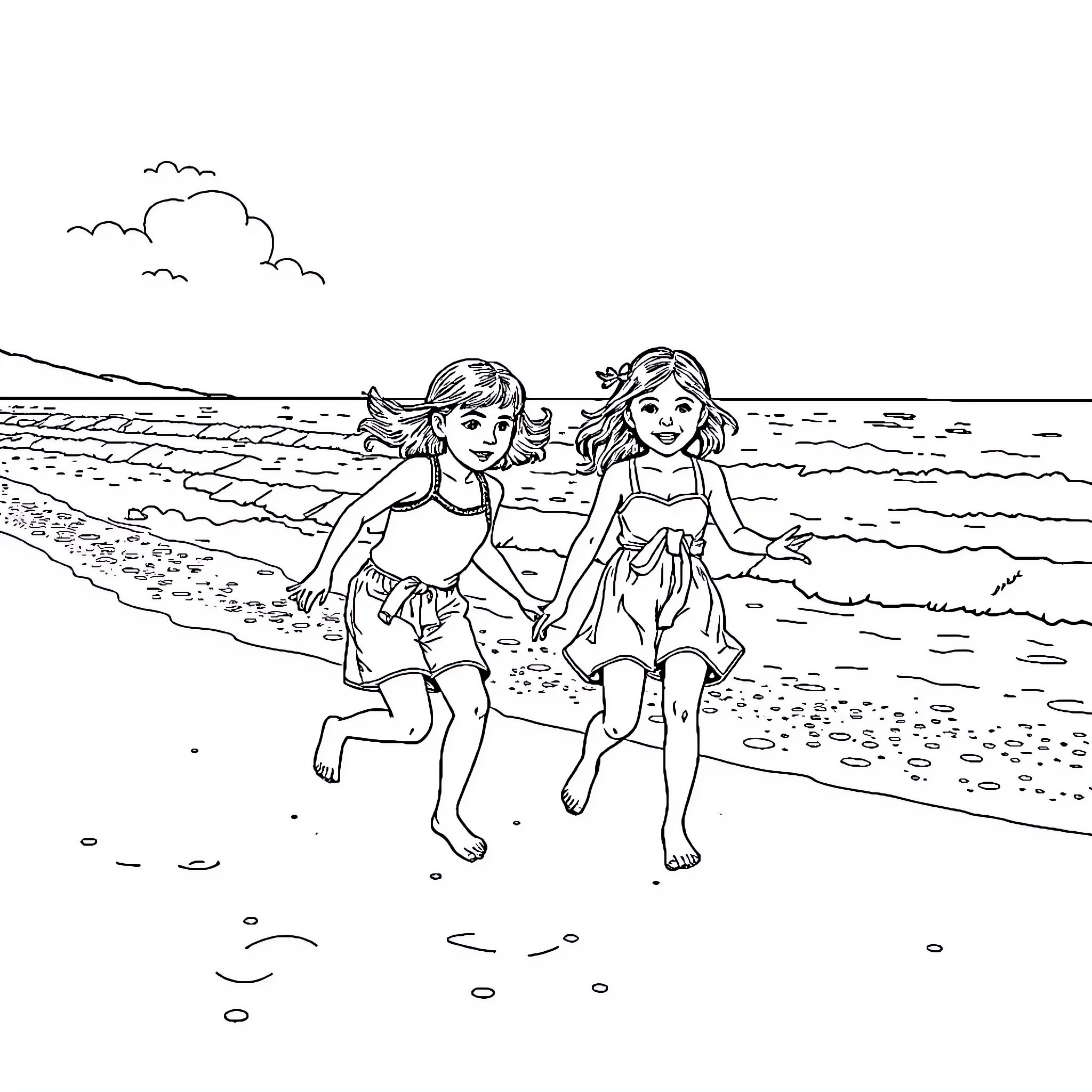 Girls playing joyfully on the beach Coloring Page (free black-and-white line drawing printable PDF for all, from beginners to advanced learners, including children, teens, adults, and seniors)