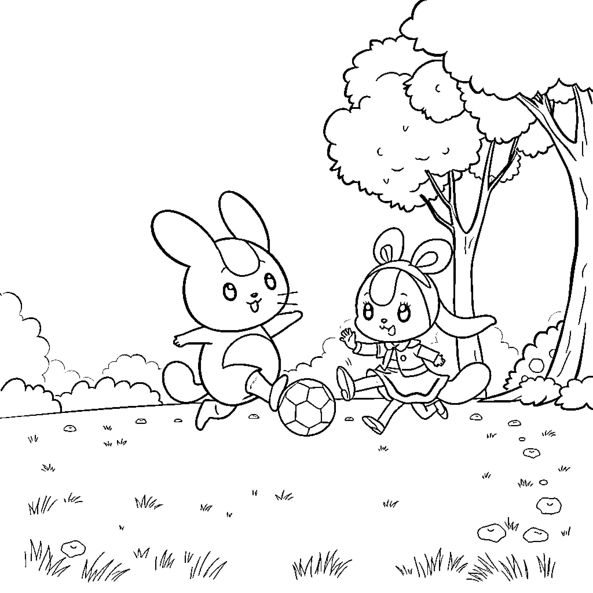 Cinnamaroll rabbits playing with a soccer ball in the park Coloring Page (free black-and-white line drawing printable PDF for all, from beginners to advanced learners, including children, teens, adults, and seniors)
