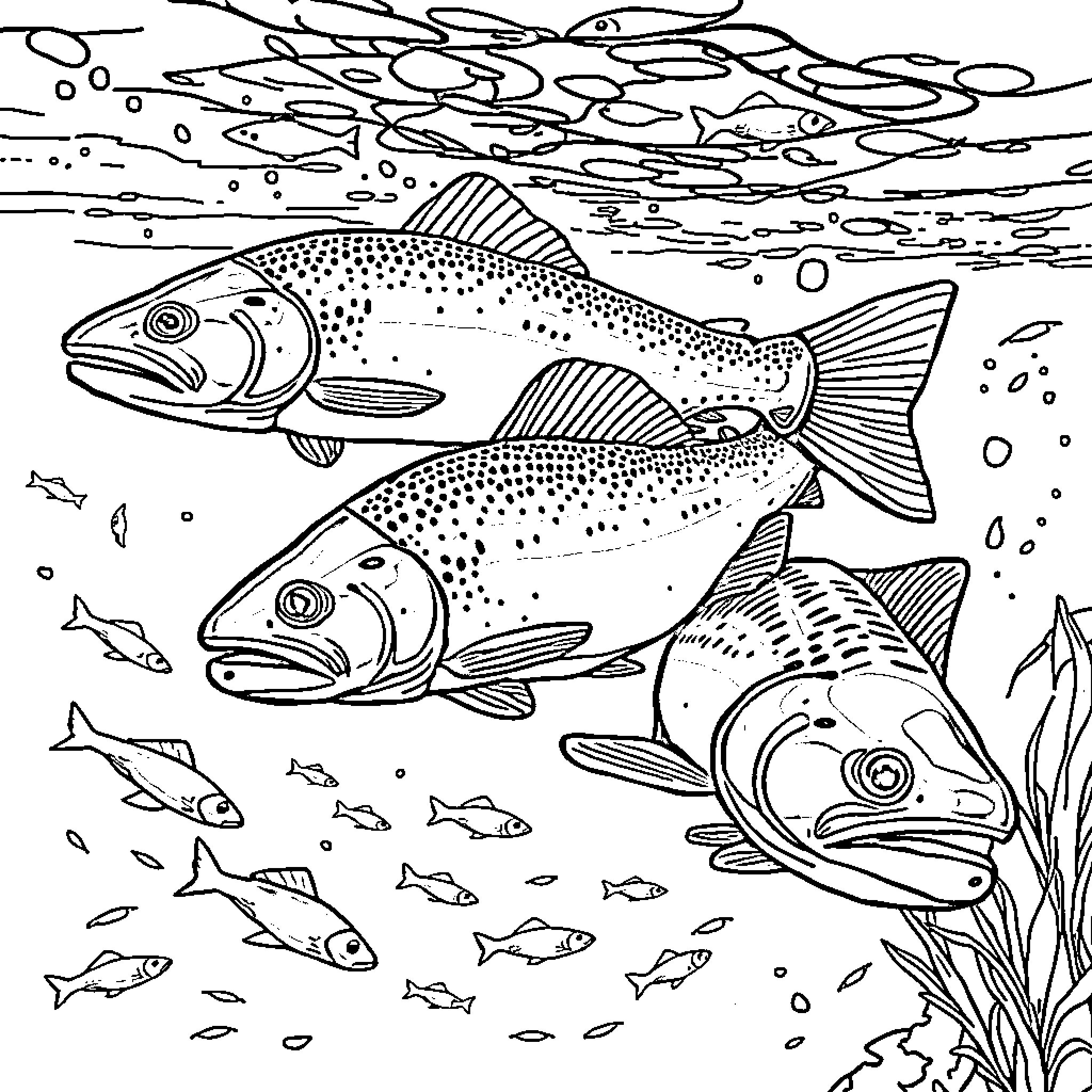 Trout swimming in an underwater scene Coloring Page (free black-and-white line drawing printable PDF for all, from beginners to advanced learners, including children, teens, adults, and seniors)