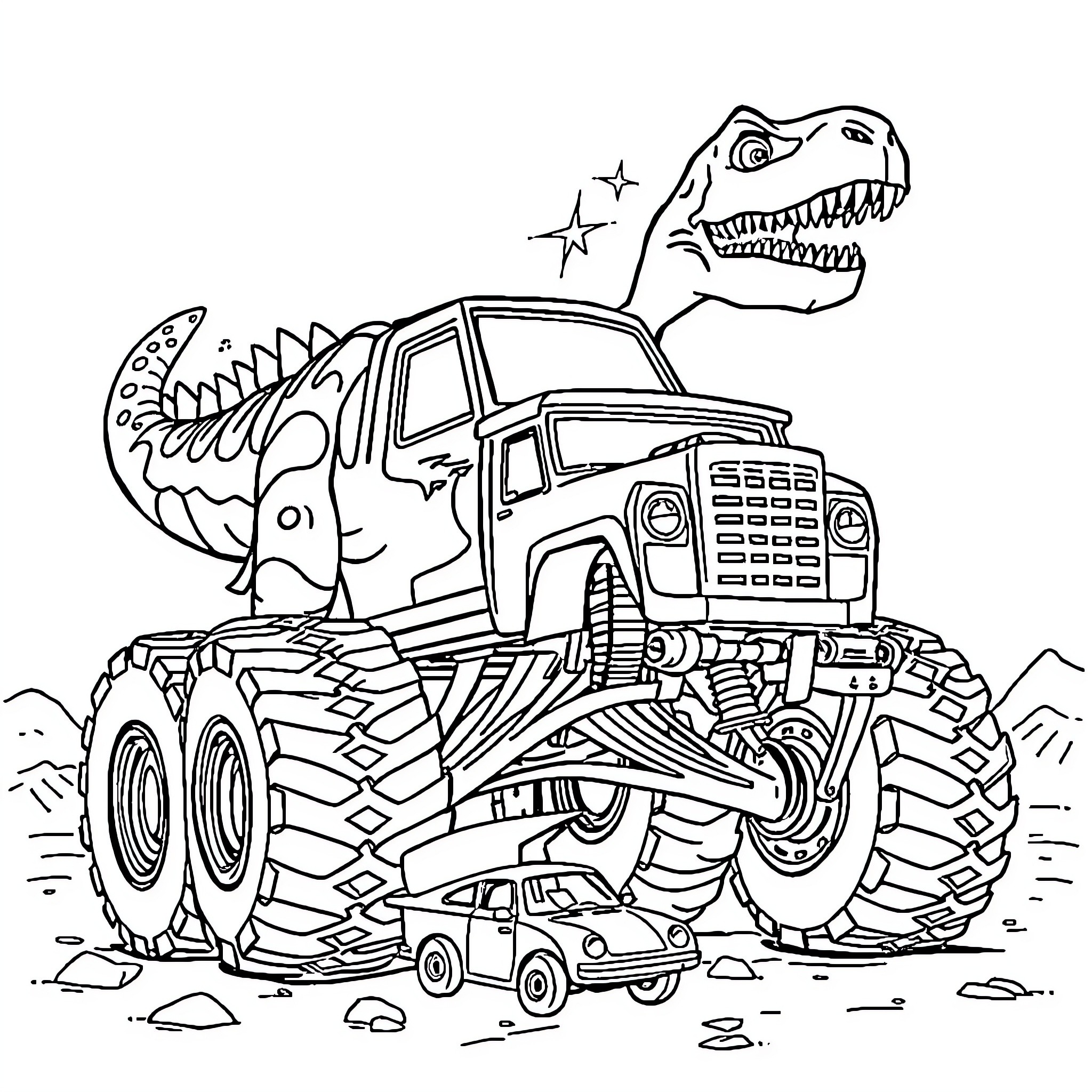 Dinosaur Monster Truck Adventure Coloring Page (free black-and-white line drawing printable PDF for all, from beginners to advanced learners, including children, teens, adults, and seniors)