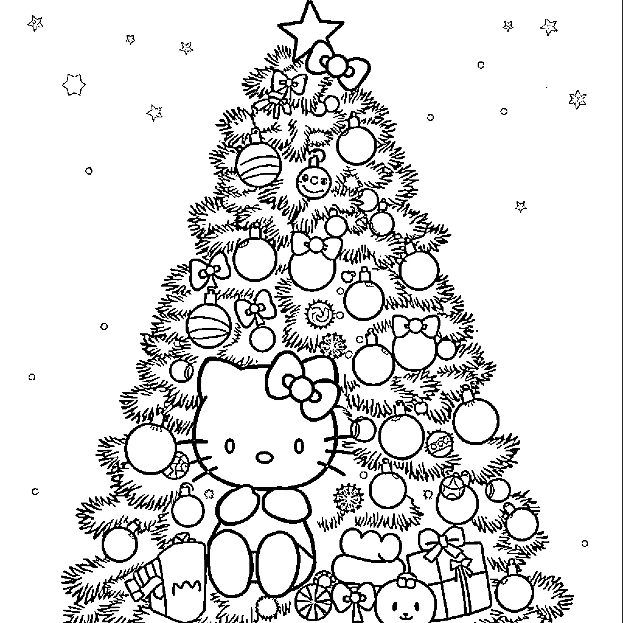 Christmas Tree with Playful Decorations Coloring Page (free black-and-white line drawing printable PDF for all, from beginners to advanced learners, including children, teens, adults, and seniors)