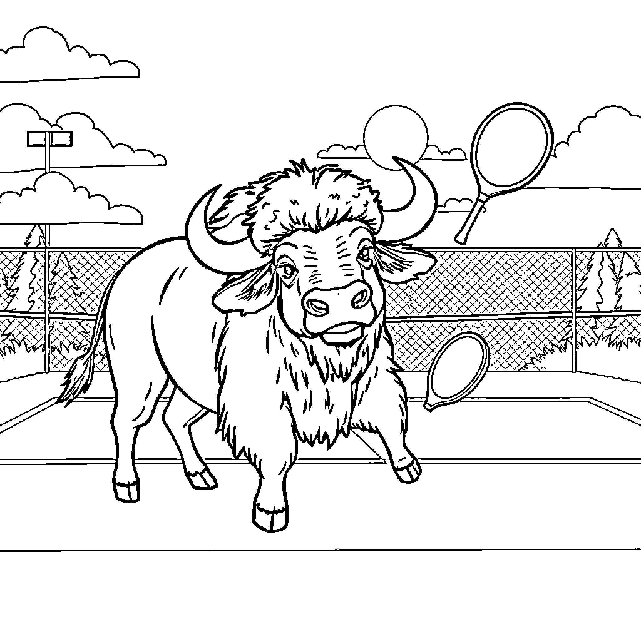 Buffalo standing in a fenced outdoor area Coloring Page (free black-and-white line drawing printable PDF for all, from beginners to advanced learners, including children, teens, adults, and seniors)
