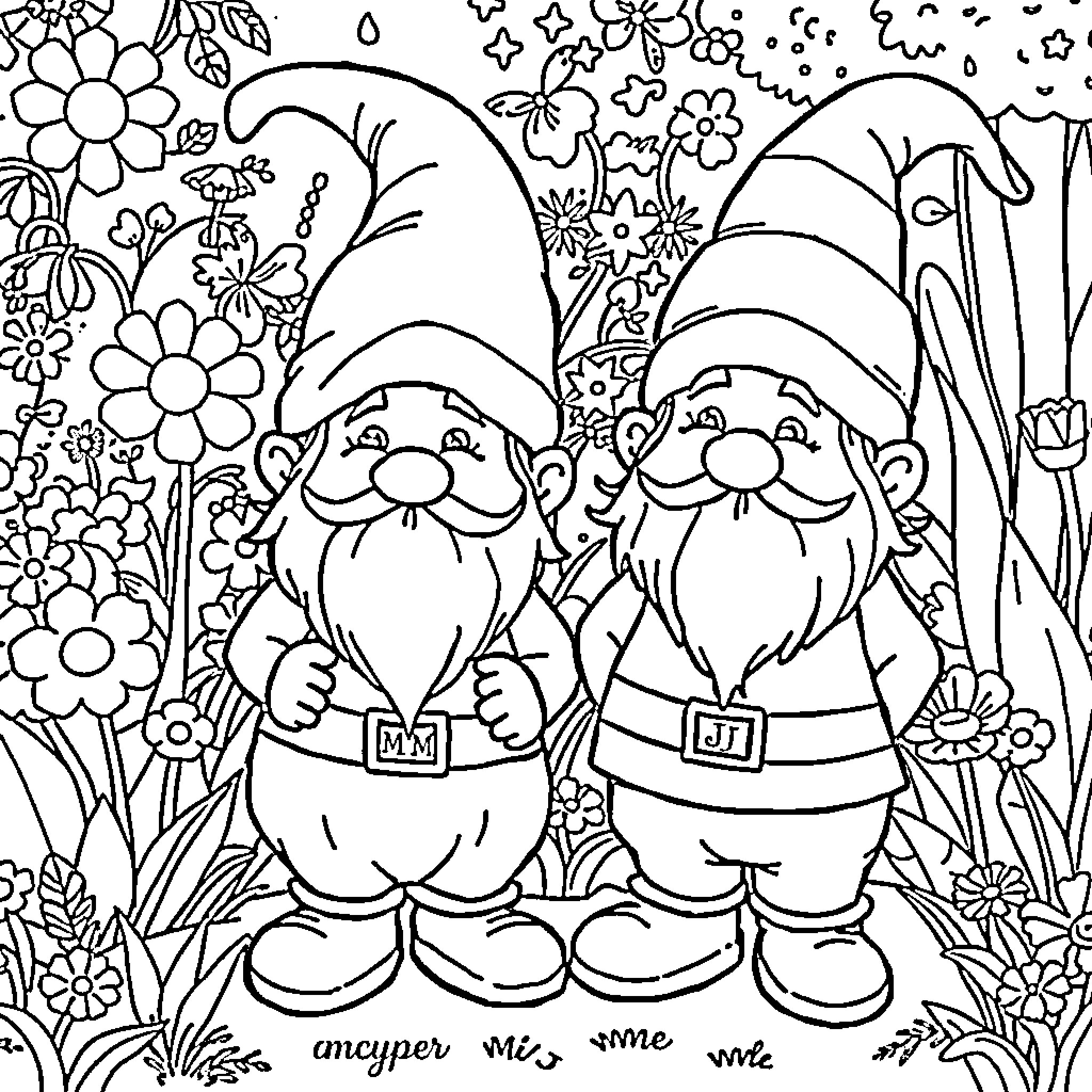 Gnome friends exploring the enchanted garden Coloring Page (free black-and-white line drawing printable PDF for all, from beginners to advanced learners, including children, teens, adults, and seniors)