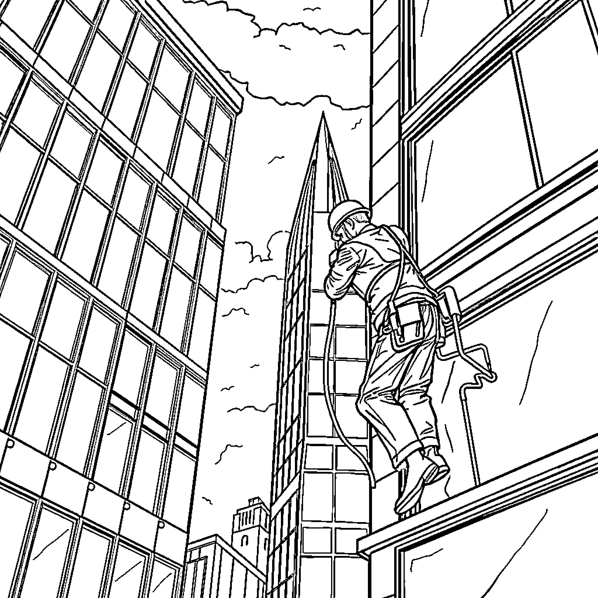 Window Cleaner Scaling Skyscraper in City Skyline Coloring Page (free black-and-white line drawing printable PDF for all, from beginners to advanced learners, including children, teens, adults, and seniors)