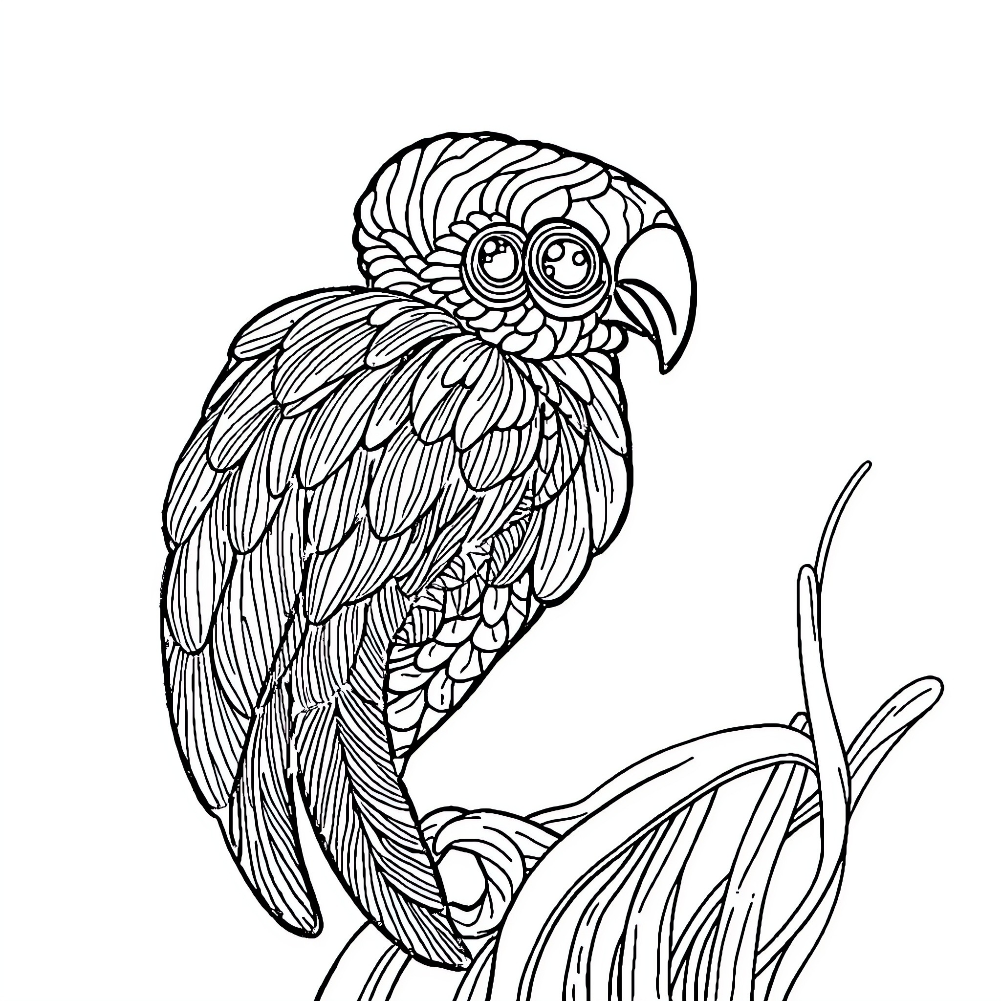 Labubu the Intricate Parrot Coloring Page (free black-and-white line drawing printable PDF for all, from beginners to advanced learners, including children, teens, adults, and seniors)