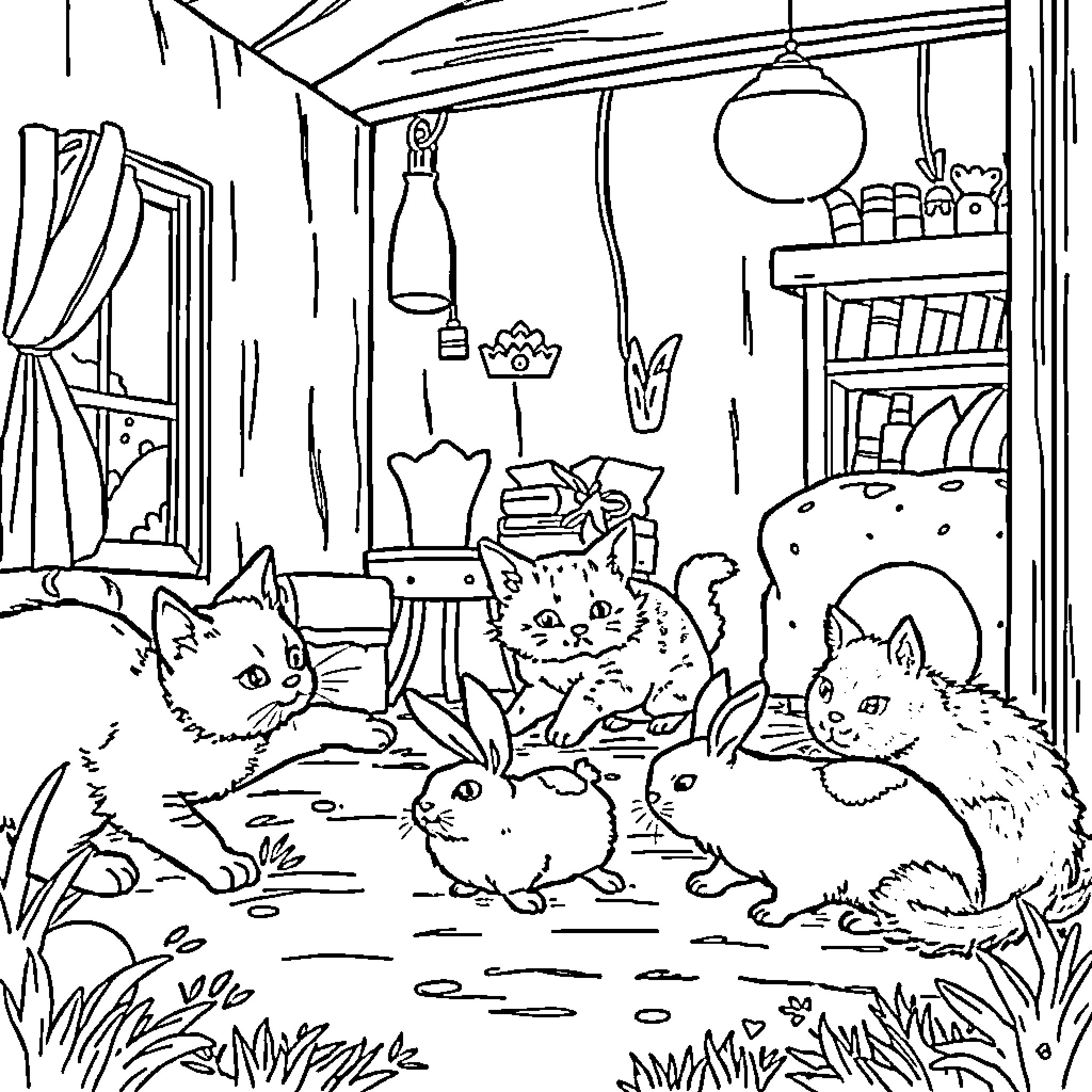 Animal playing in a cozy room Coloring Page (free black-and-white line drawing printable PDF for all, from beginners to advanced learners, including children, teens, adults, and seniors)