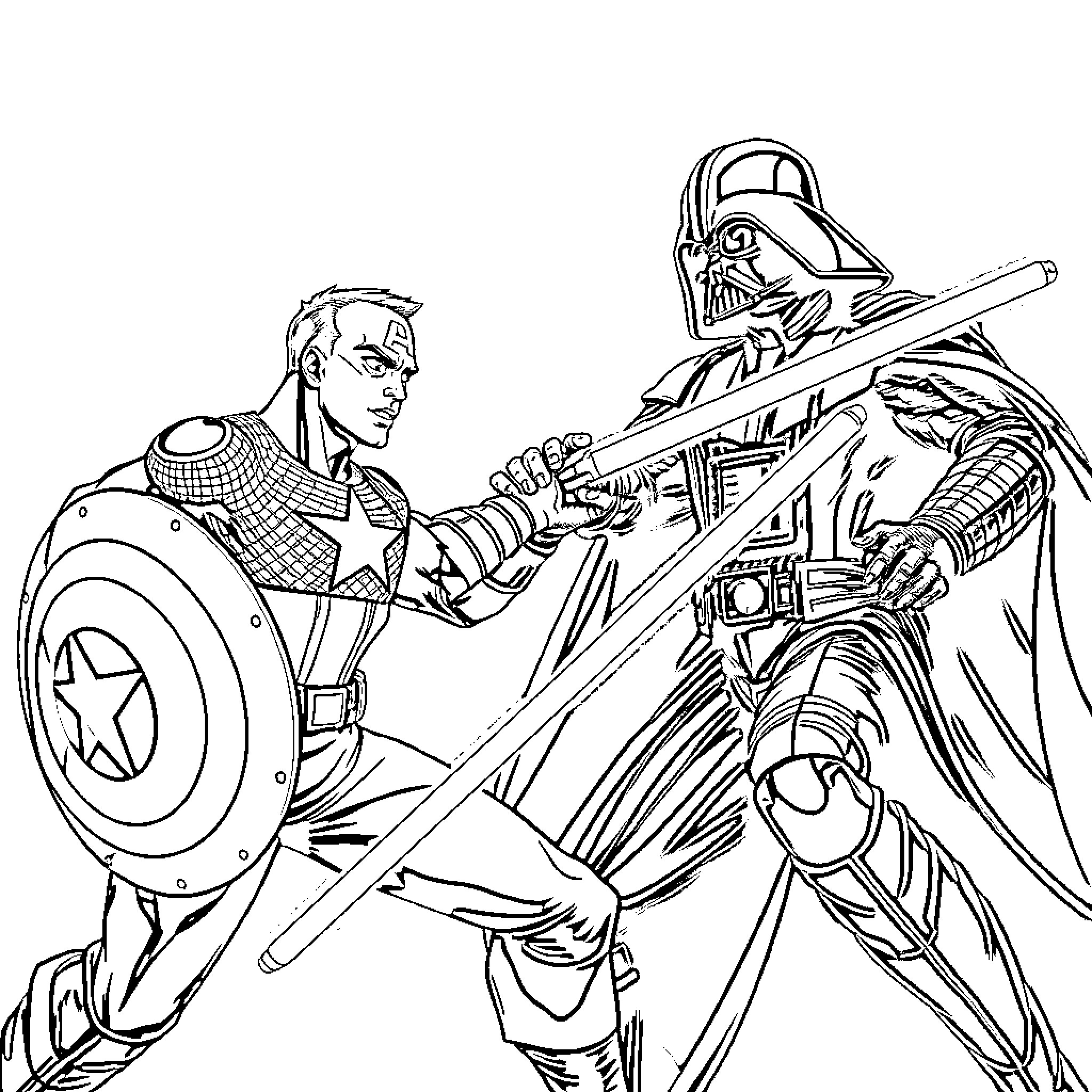 Captain America Confronts Darth Vader in Battle Coloring Page (free black-and-white line drawing printable PDF for all, from beginners to advanced learners, including children, teens, adults, and seniors)