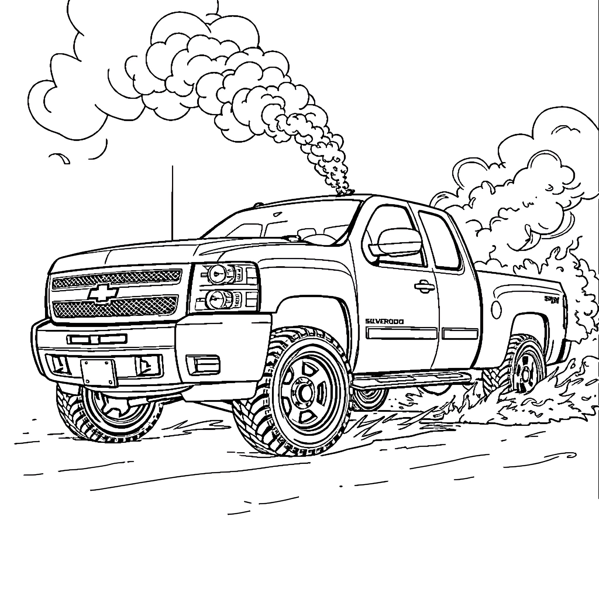 Silverado truck speeding through the countryside Coloring Page (free black-and-white line drawing printable PDF for all, from beginners to advanced learners, including children, teens, adults, and seniors)