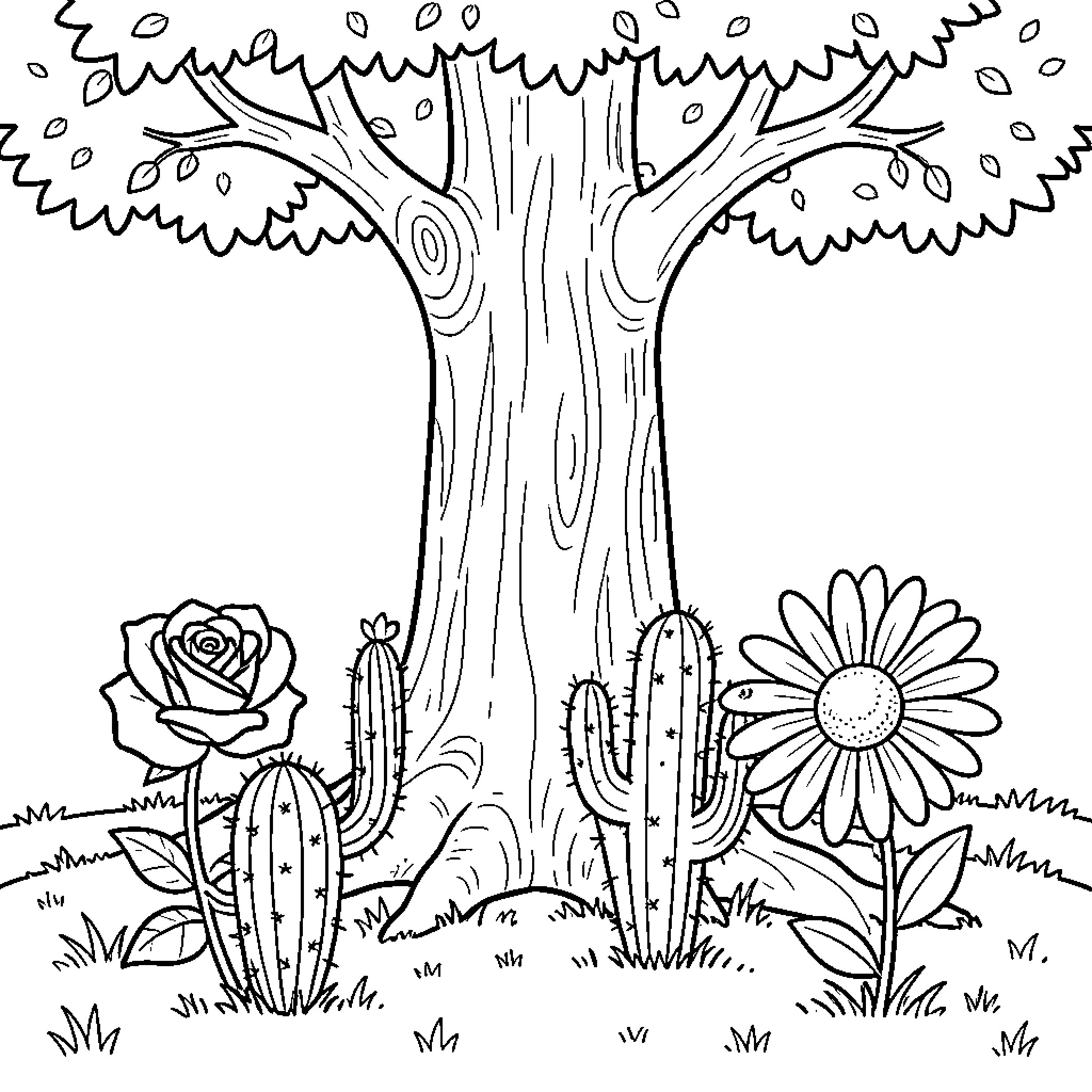 Flower and plants growing near a large tree Coloring Page (free black-and-white line drawing printable PDF for all, from beginners to advanced learners, including children, teens, adults, and seniors)