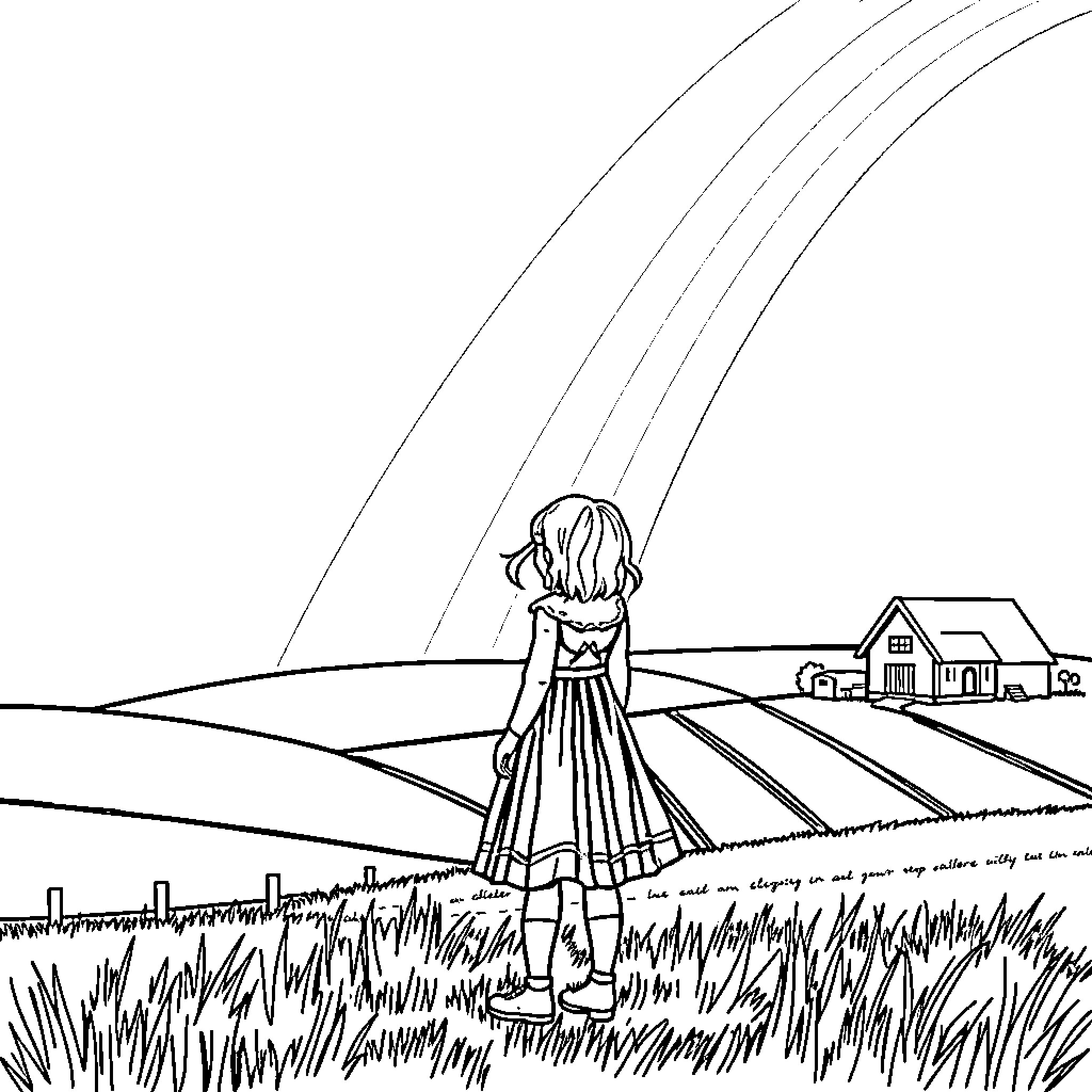 Girl gazing at the countryside view Coloring Page (free black-and-white line drawing printable PDF for all, from beginners to advanced learners, including children, teens, adults, and seniors)