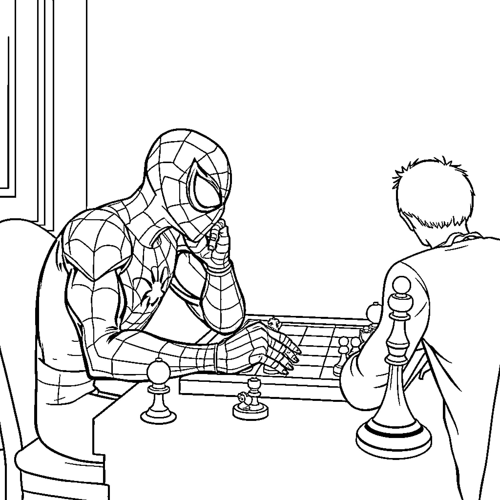 Spider-Man playing chess with a young boy Coloring Page (free black-and-white line drawing printable PDF for all, from beginners to advanced learners, including children, teens, adults, and seniors)