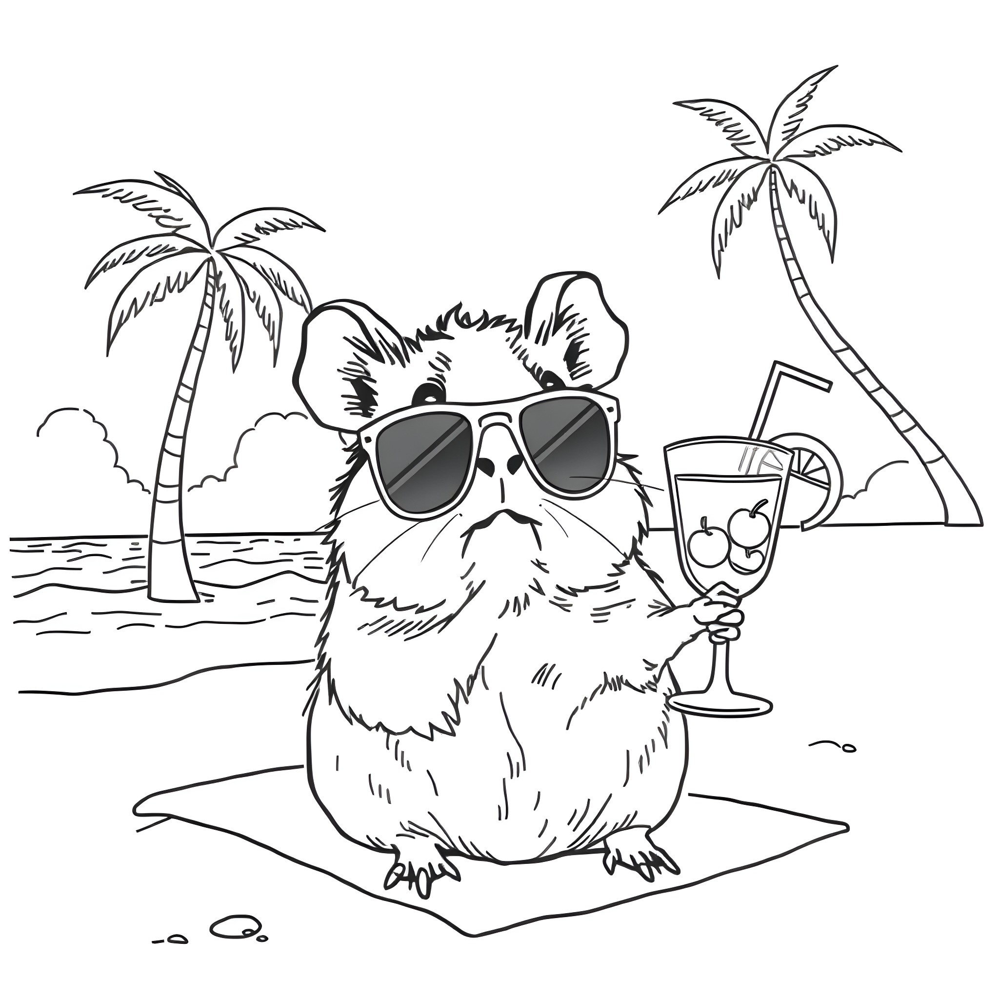 Guinea Pig enjoying tropical vacation on the beach Coloring Page (free black-and-white line drawing printable PDF for all, from beginners to advanced learners, including children, teens, adults, and seniors)