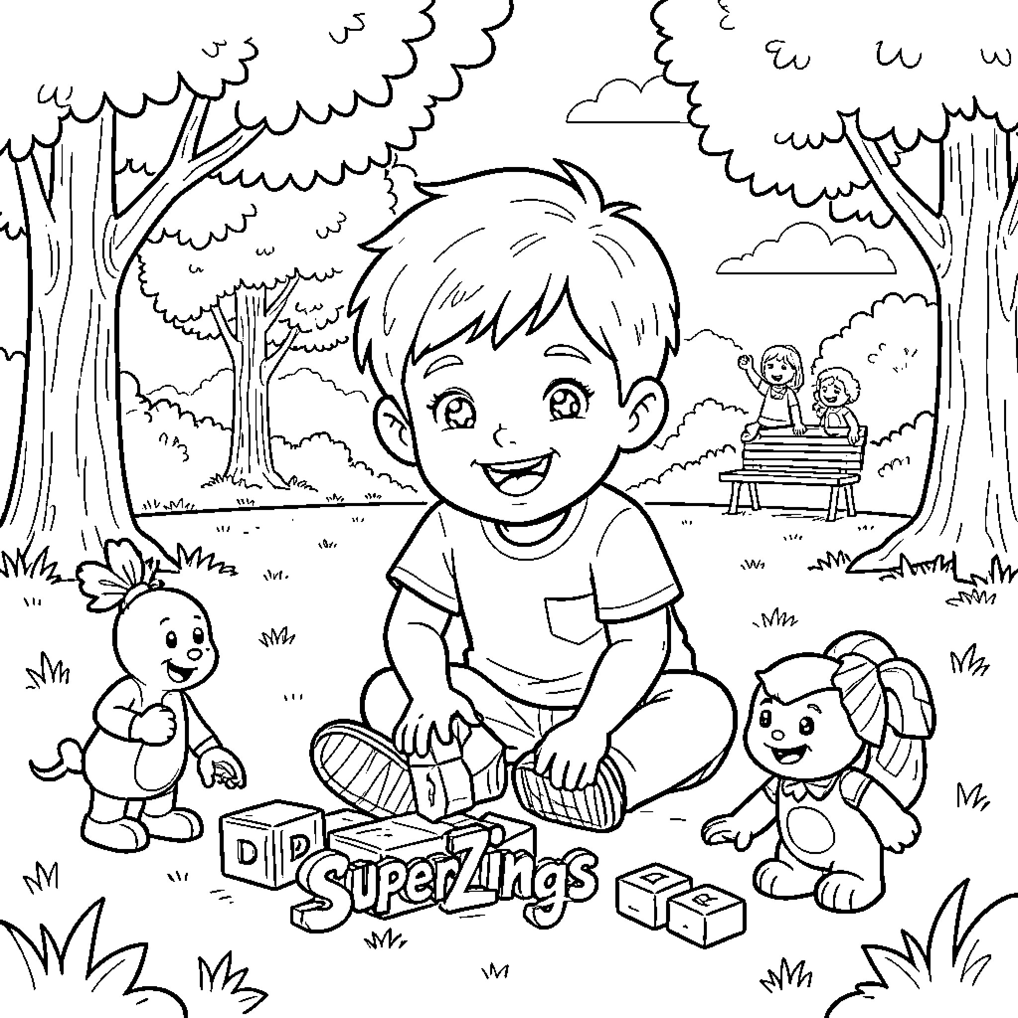 Niño playing joyfully with toys in the park Coloring Page (free black-and-white line drawing printable PDF for all, from beginners to advanced learners, including children, teens, adults, and seniors)
