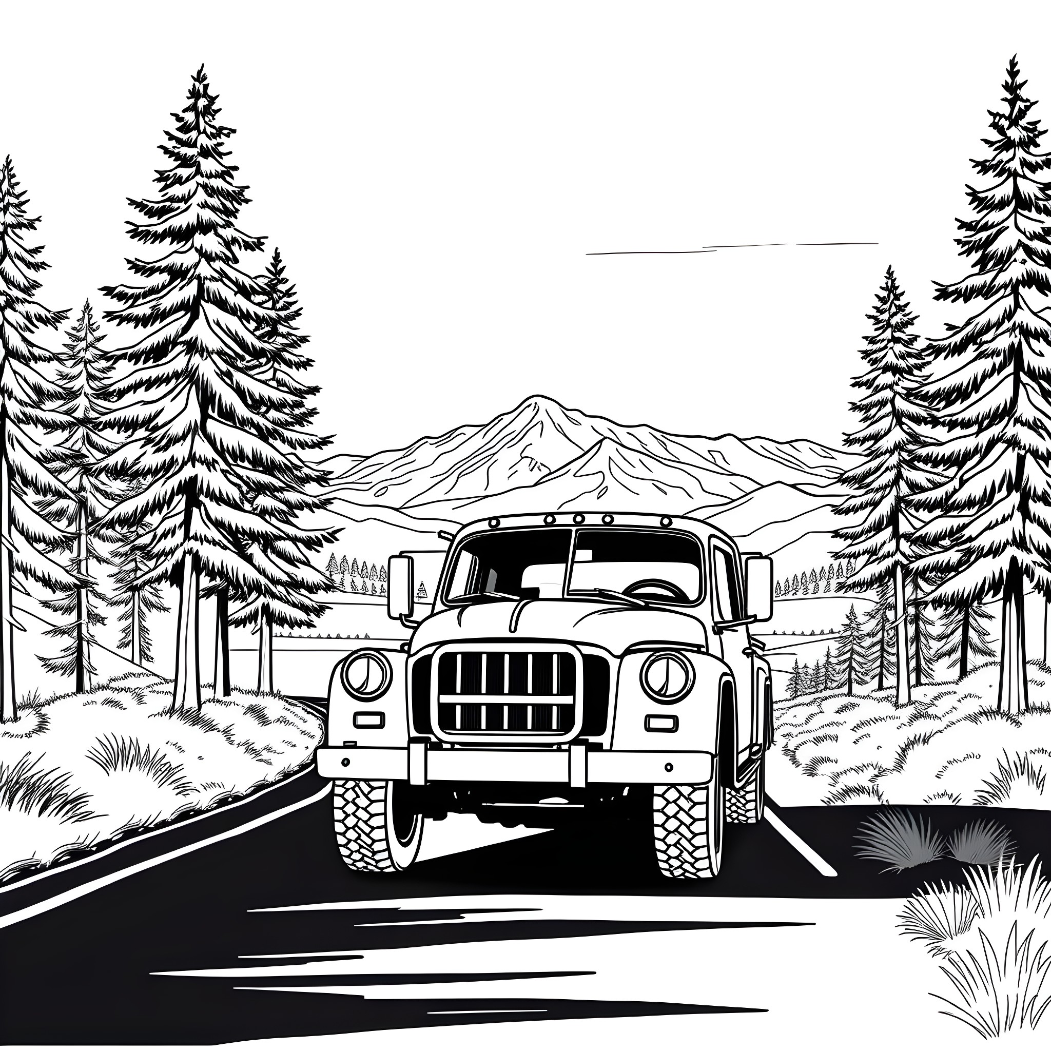 Truck Driving Through a Scenic Mountain Landscape Coloring Page (free black-and-white line drawing printable PDF for all, from beginners to advanced learners, including children, teens, adults, and seniors)