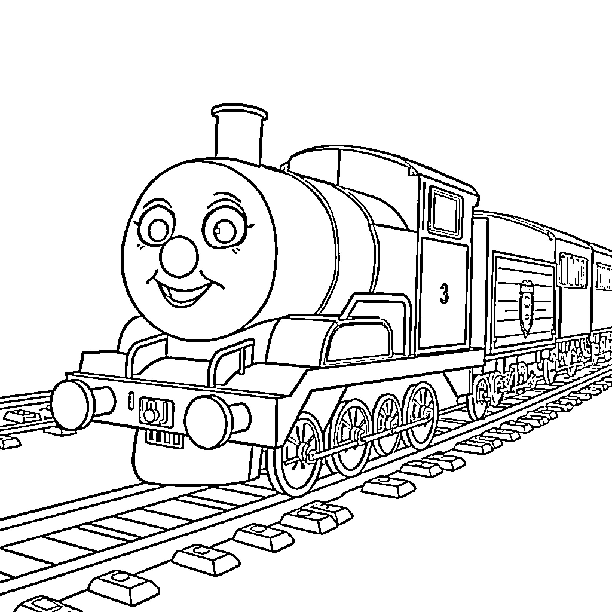 Wilson the Friendly Train on the Tracks Coloring Page (free black-and-white line drawing printable PDF for all, from beginners to advanced learners, including children, teens, adults, and seniors)
