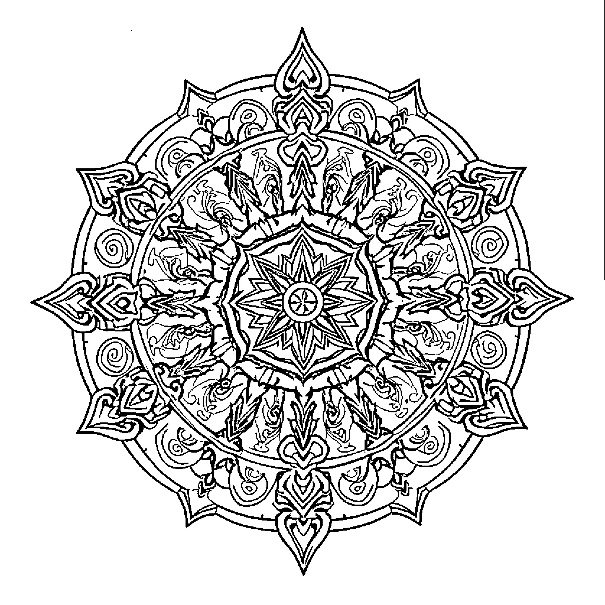 Viking Mandala with Intricate Symmetrical Design Coloring Page (free black-and-white line drawing printable PDF for all, from beginners to advanced learners, including children, teens, adults, and seniors)