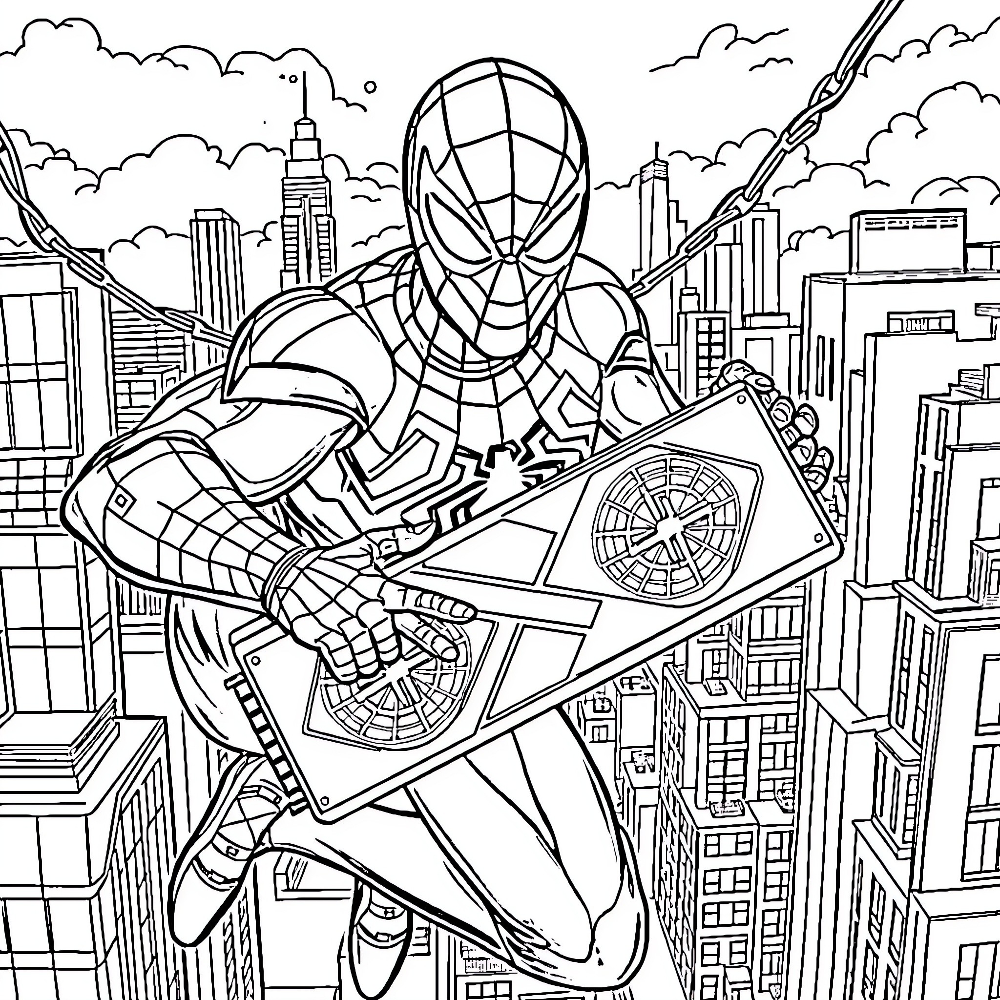 Spiderman swinging through the city skyline Coloring Page (free black-and-white line drawing printable PDF for all, from beginners to advanced learners, including children, teens, adults, and seniors)