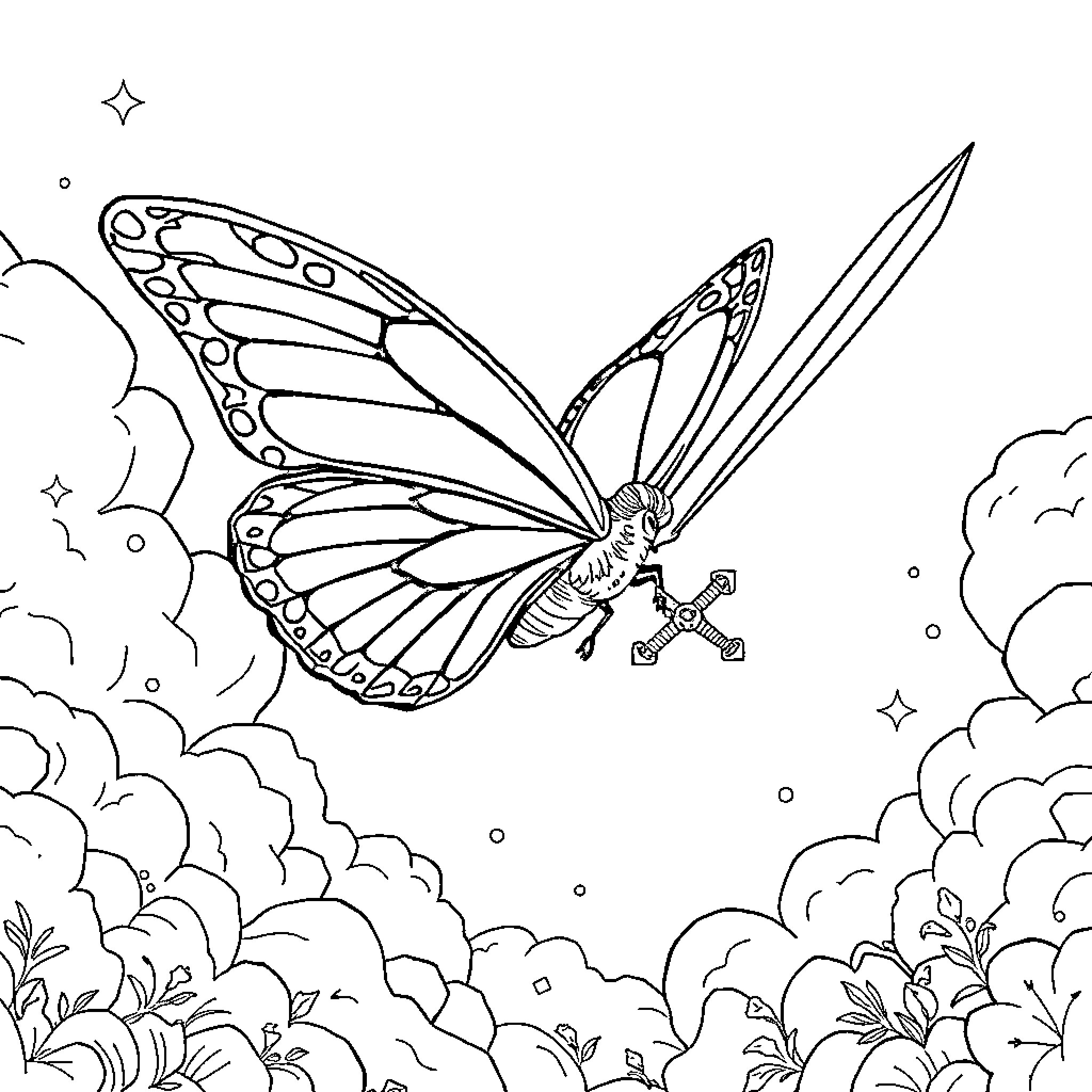 Butterfly soaring through the clouds Coloring Page (free black-and-white line drawing printable PDF for all, from beginners to advanced learners, including children, teens, adults, and seniors)