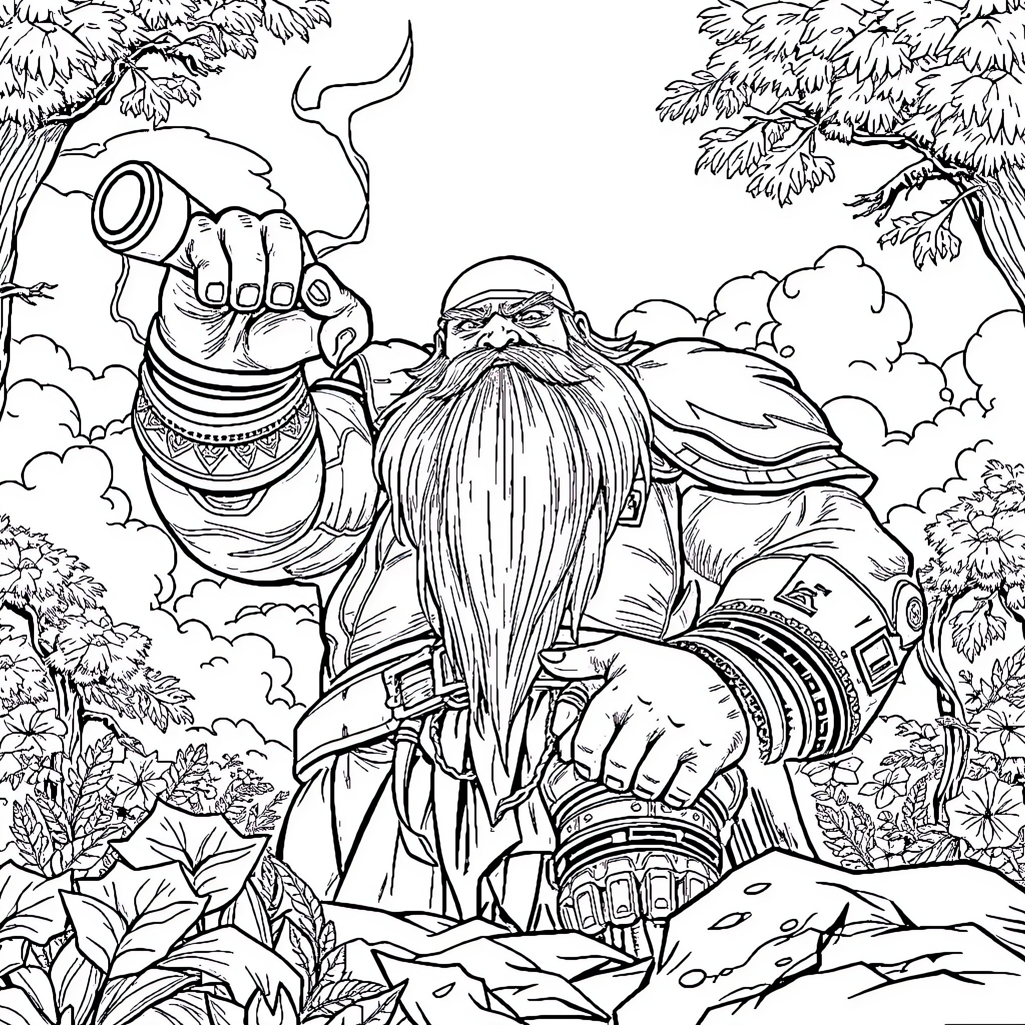 Giant Magical Wizard in the Enchanted Forest Coloring Page (free black-and-white line drawing printable PDF for all, from beginners to advanced learners, including children, teens, adults, and seniors)