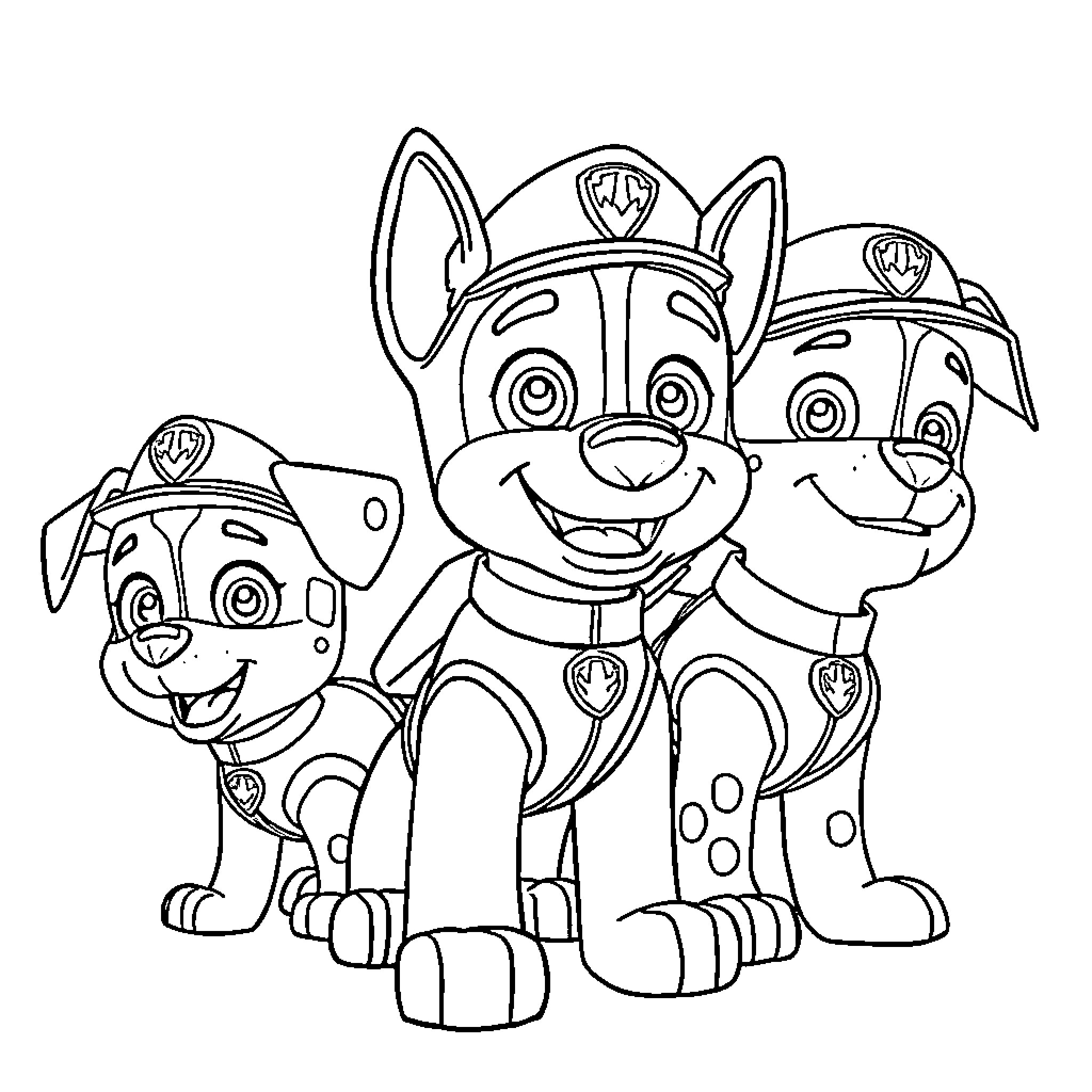 Ryder and Paw Patrol Team in Action Coloring Page (free black-and-white line drawing printable PDF for all, from beginners to advanced learners, including children, teens, adults, and seniors)