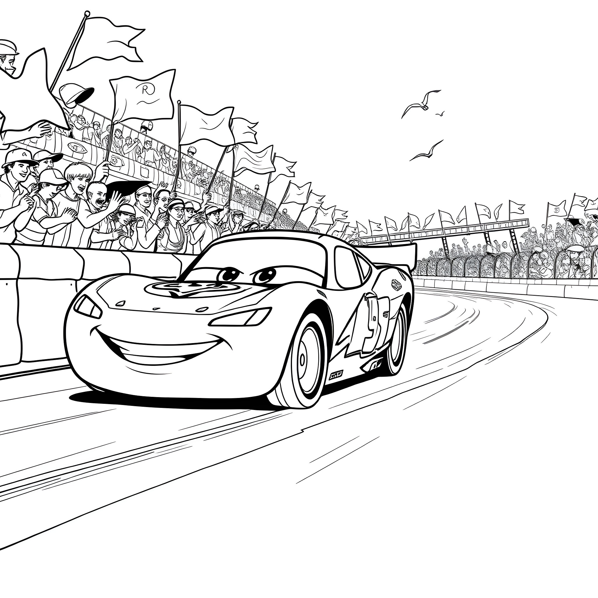 Lightning McQueen racing on the track with cheering crowd Coloring Page (free black-and-white line drawing printable PDF for all, from beginners to advanced learners, including children, teens, adults, and seniors)