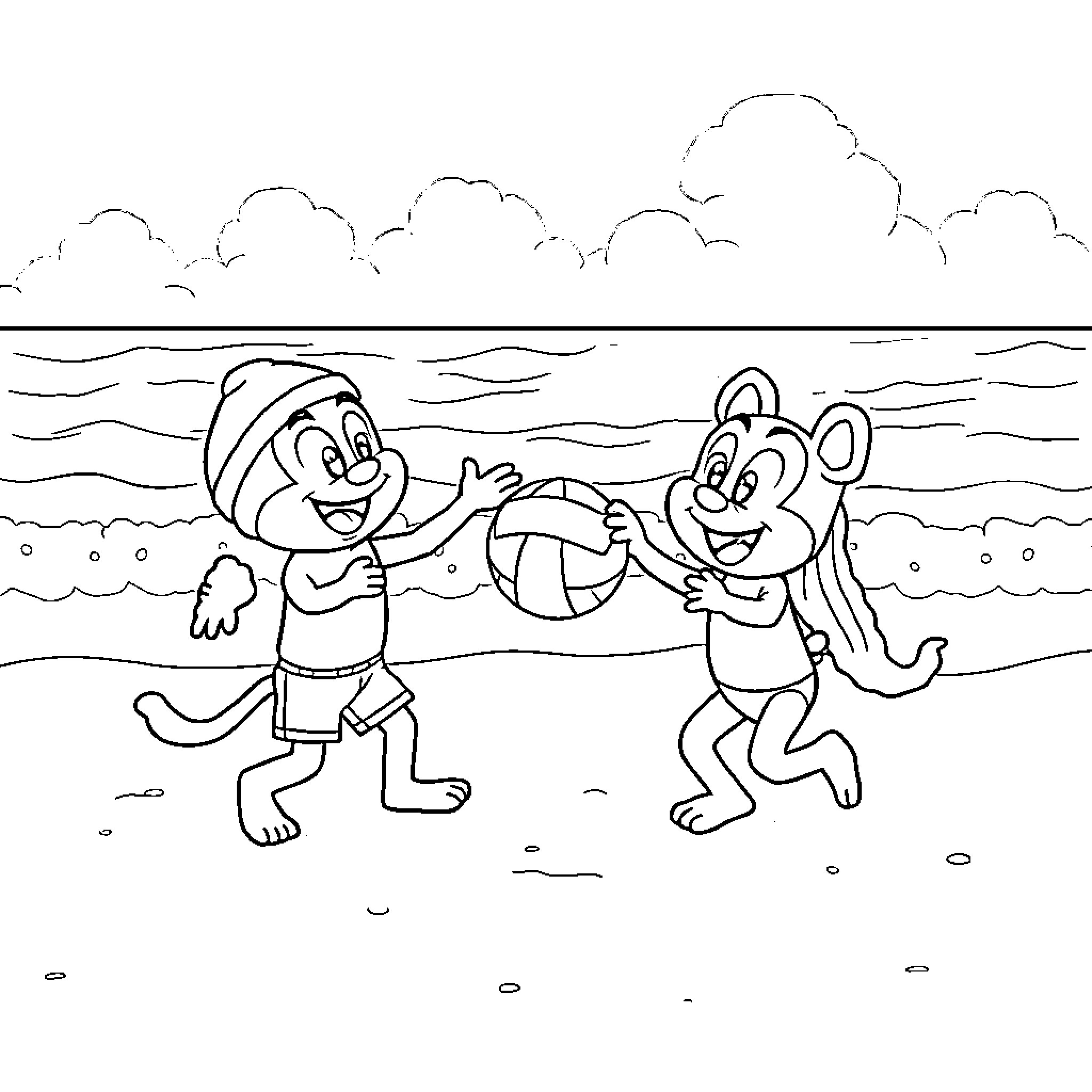 Bingo - Cartoon characters playing on the beach Coloring Page (free black-and-white line drawing printable PDF for all, from beginners to advanced learners, including children, teens, adults, and seniors)